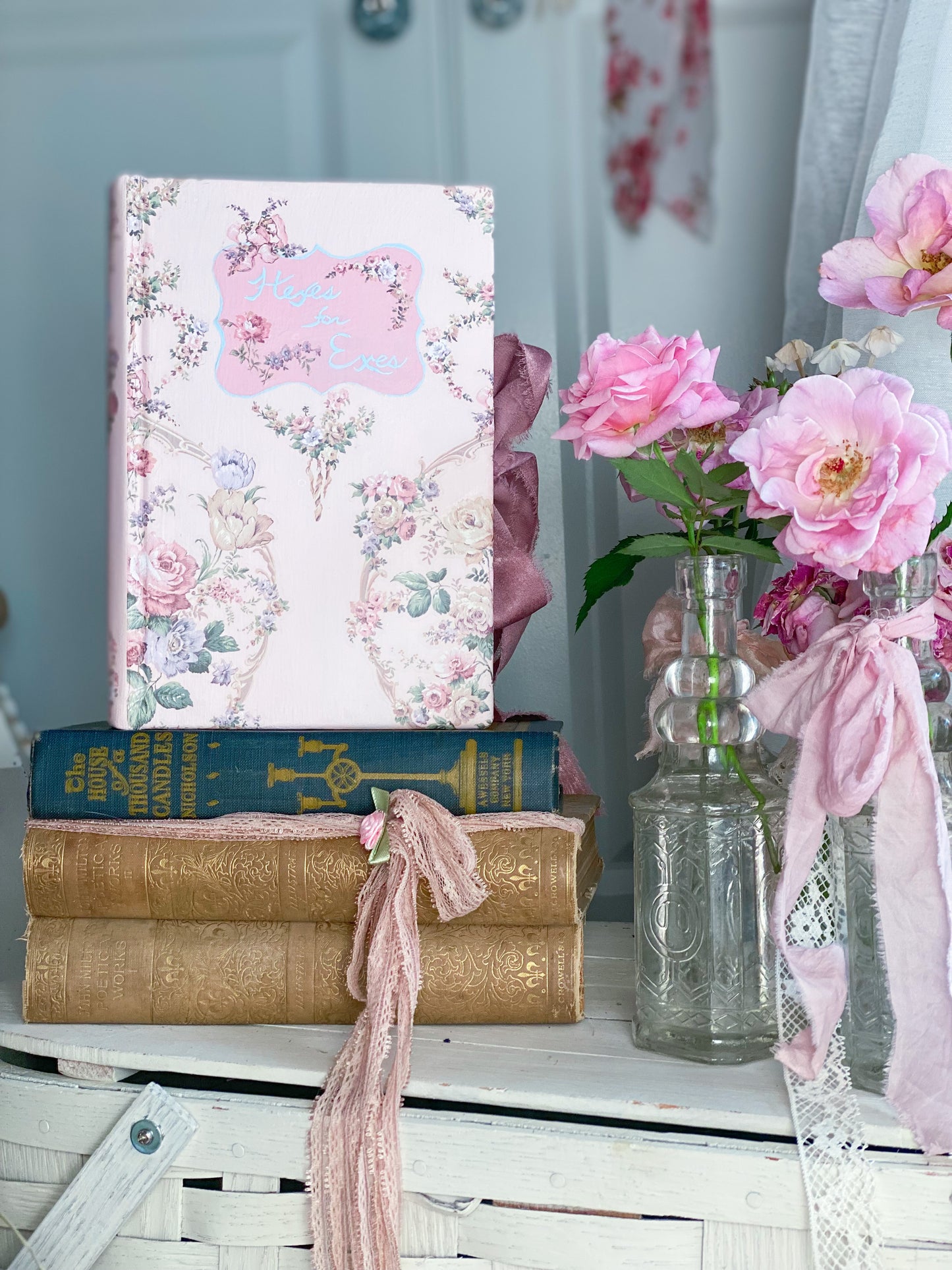 Pink and Blue Bespoke Hand painted Upcycled Floral Book - Hexes For Exes