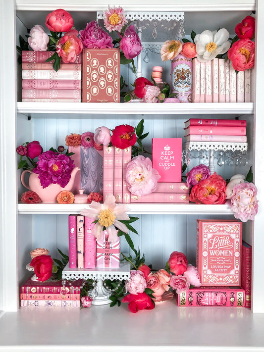 Helle rosa Pfingstrosen und Bücher Shelfie Gallery Wrapped Canvas