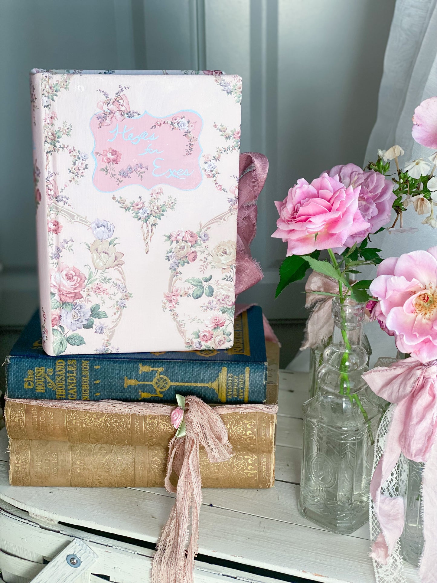 Pink and Blue Bespoke Hand painted Upcycled Floral Book - Hexes For Exes