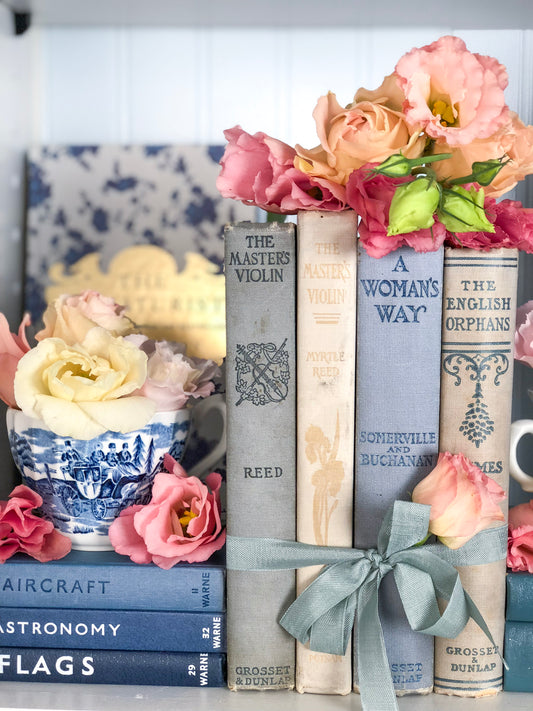 Blue and White Book Set with Pink Flowers Gallery Wrapped Canvas