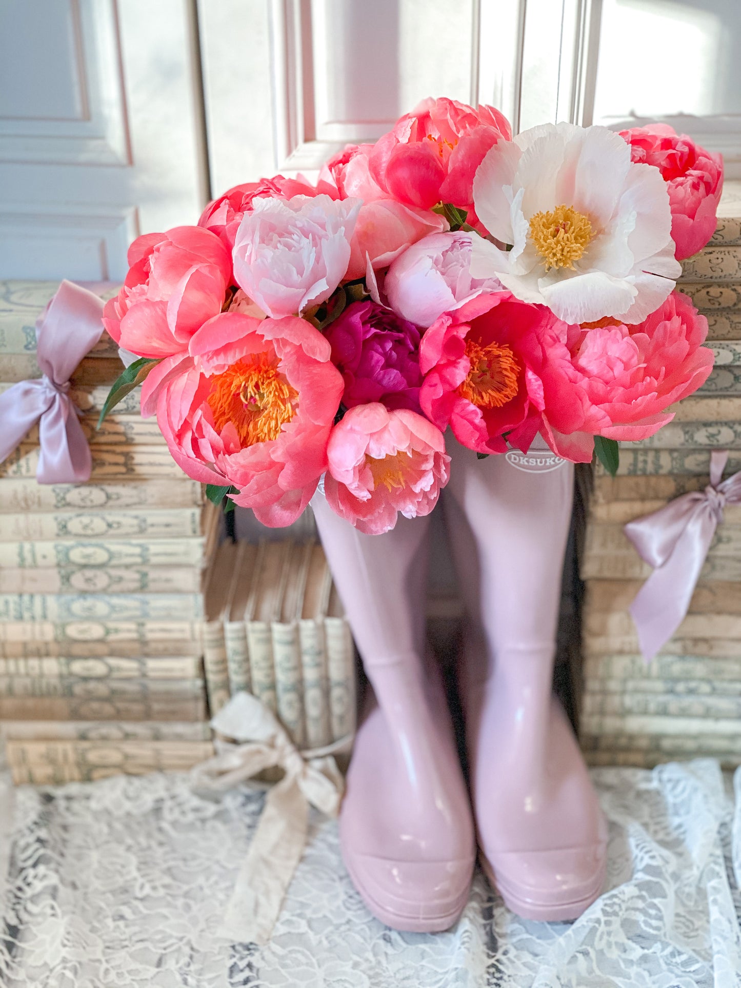 Peonies in Pink Wellie Boots Gallery Wrapped Canvas