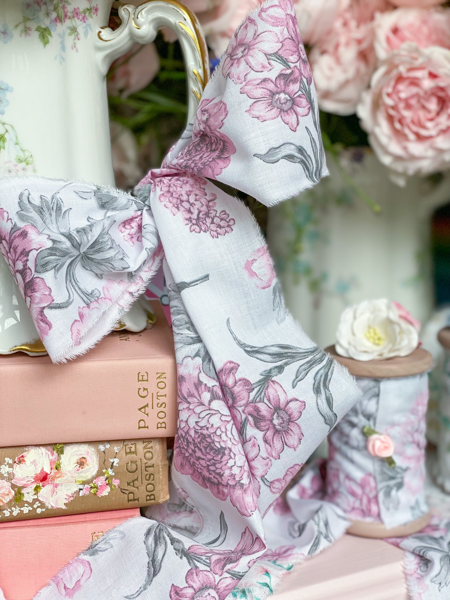 Pink and Grey Floral Ribbon on Spool