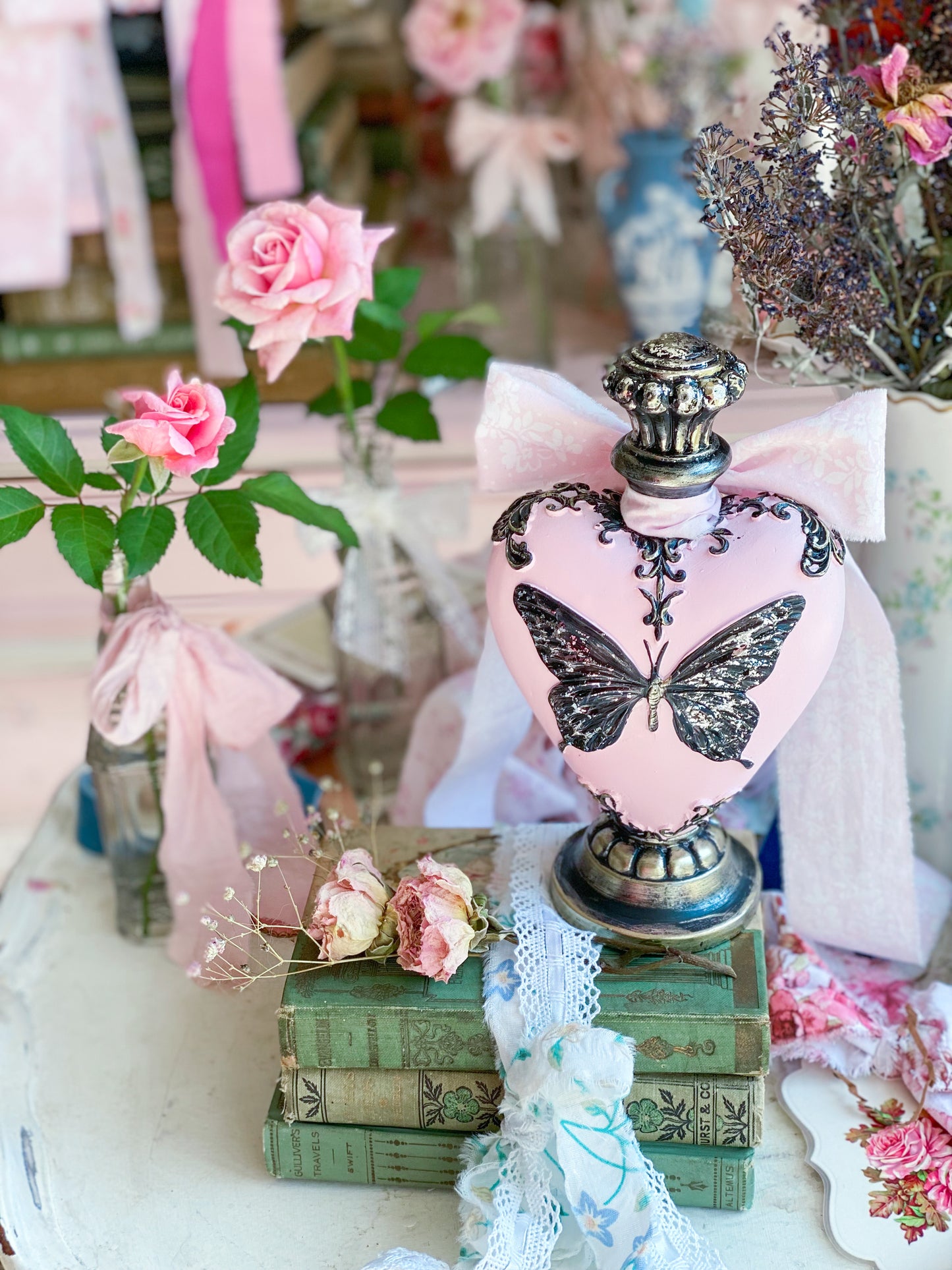 Pink Heart shaped Butterfly Potion Bottle with bow