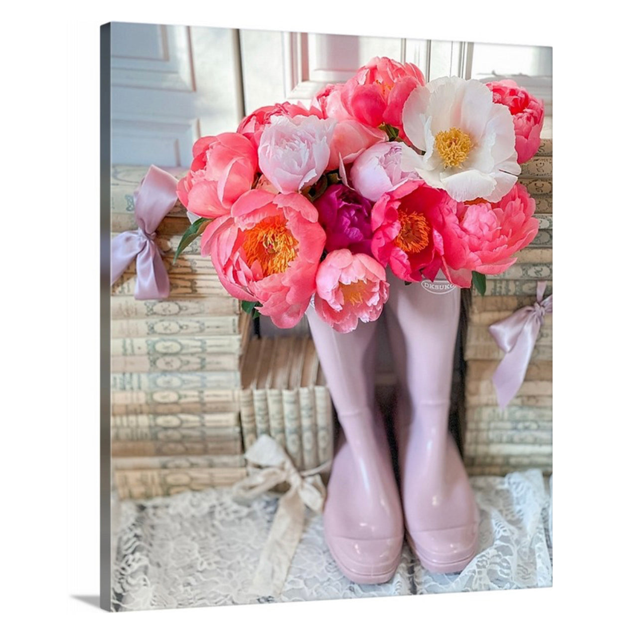 Peonies in Pink Wellie Boots Gallery Wrapped Canvas