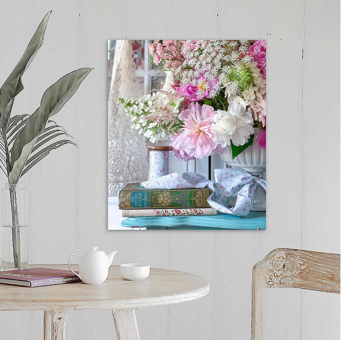 Peonies and Vintage Books Gallery Wrapped Canvas
