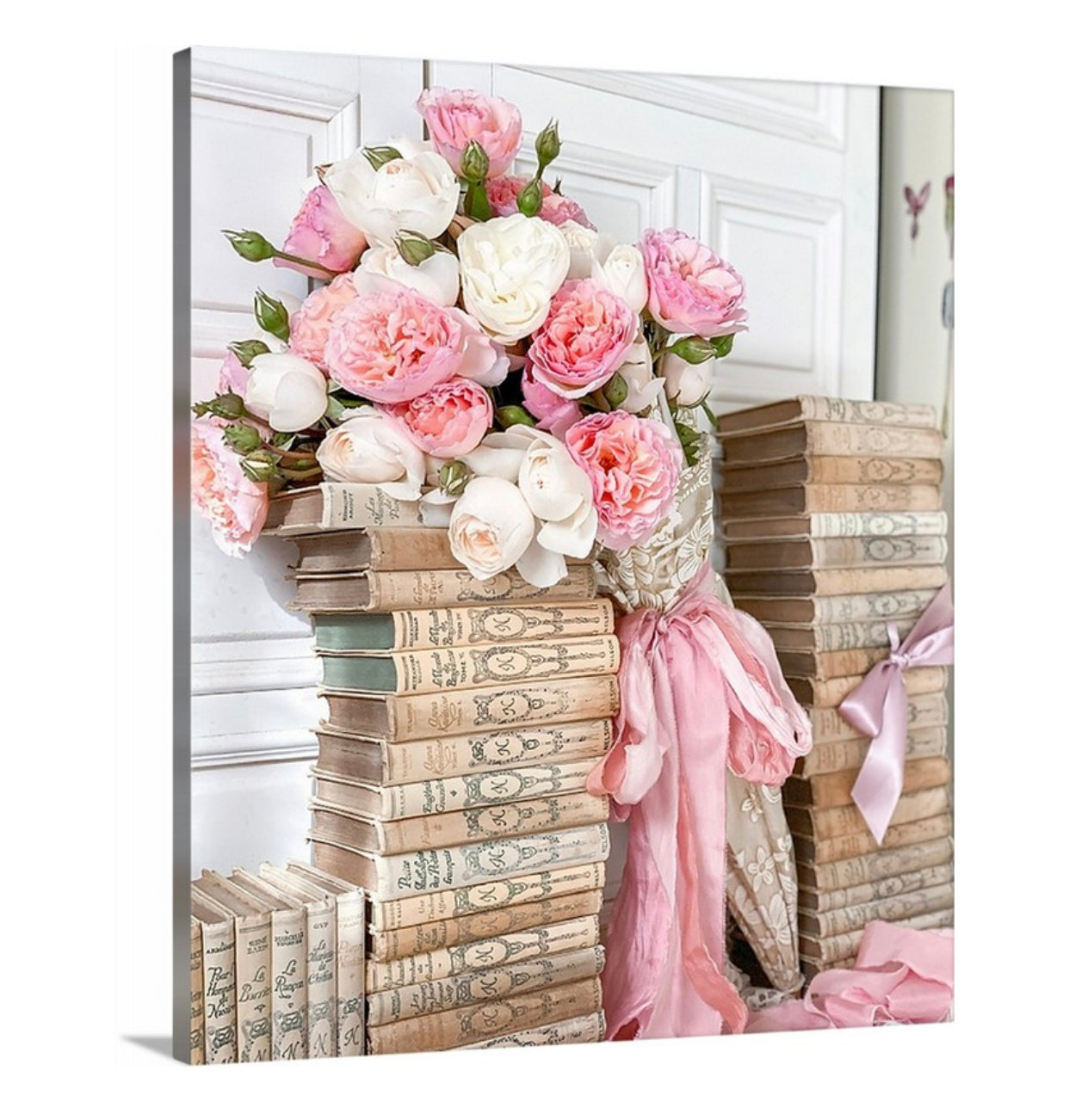 Pink and White Roses with Cream Books Gallery Wrapped Canvas