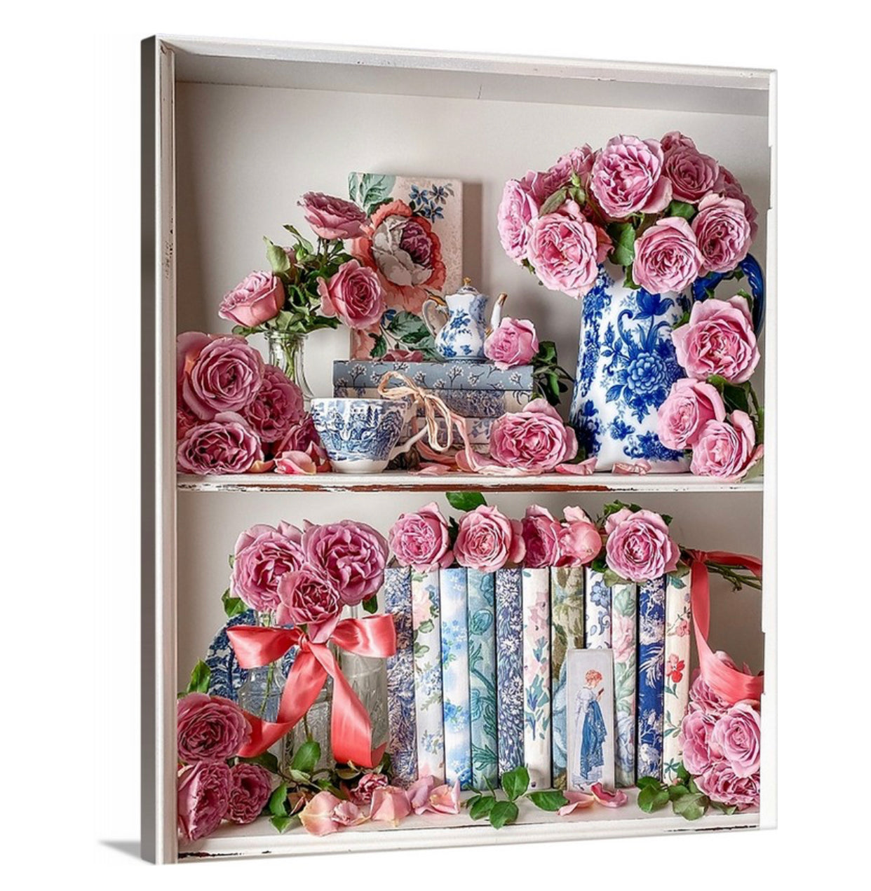 Shelfie with Blue Floral Books Gallery Wrapped Canvas