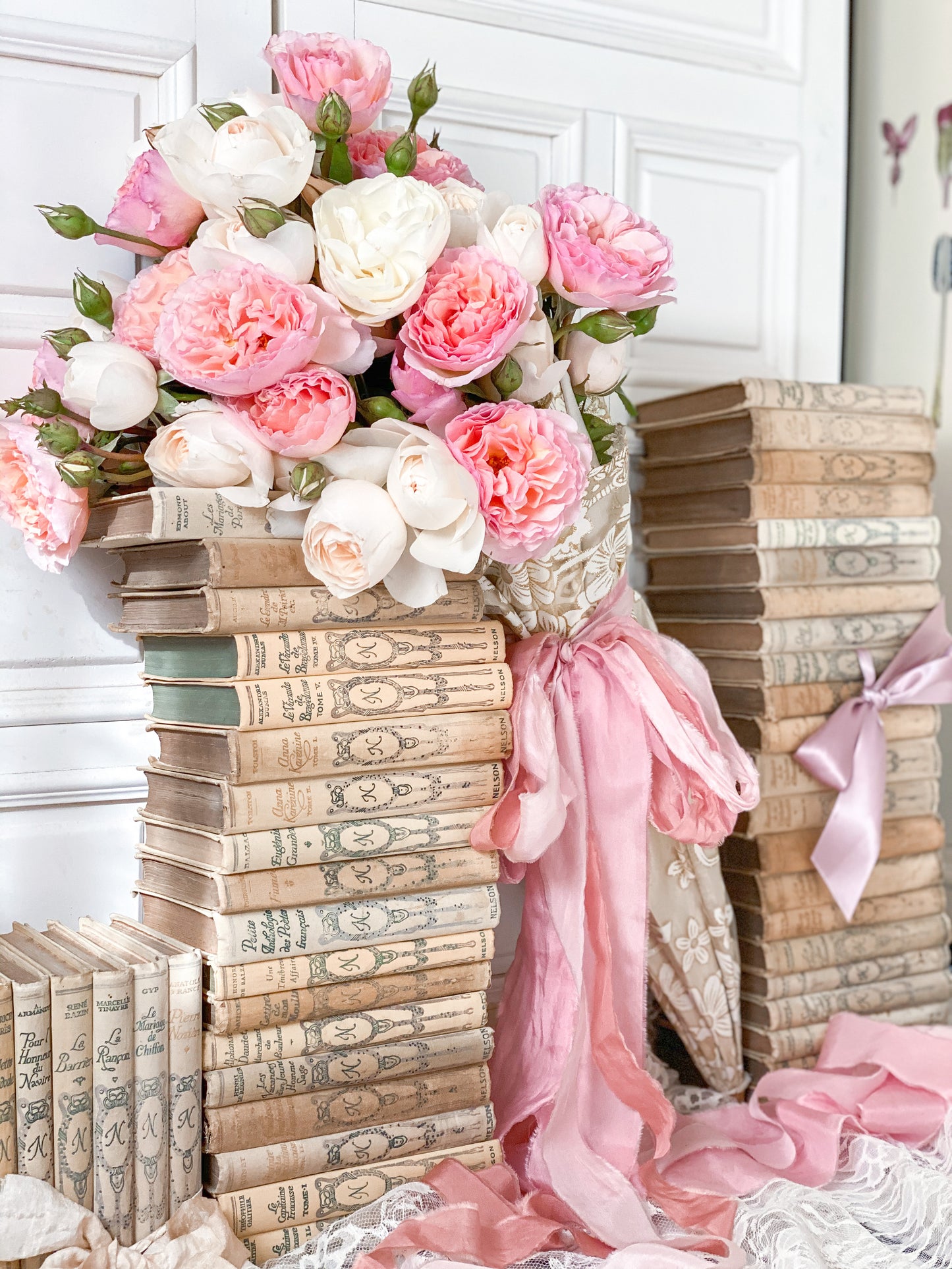 Pink and White Roses with Cream Books Gallery Wrapped Canvas