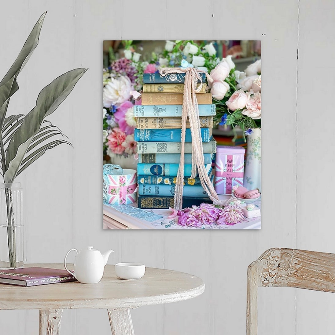 Blue Book Stack with Pink Union Jack Tea Tin Gallery Wrapped Canvas
