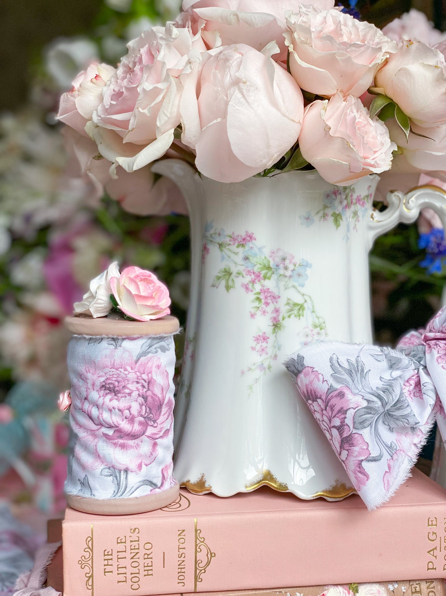 Pink and Grey Floral Ribbon on Spool