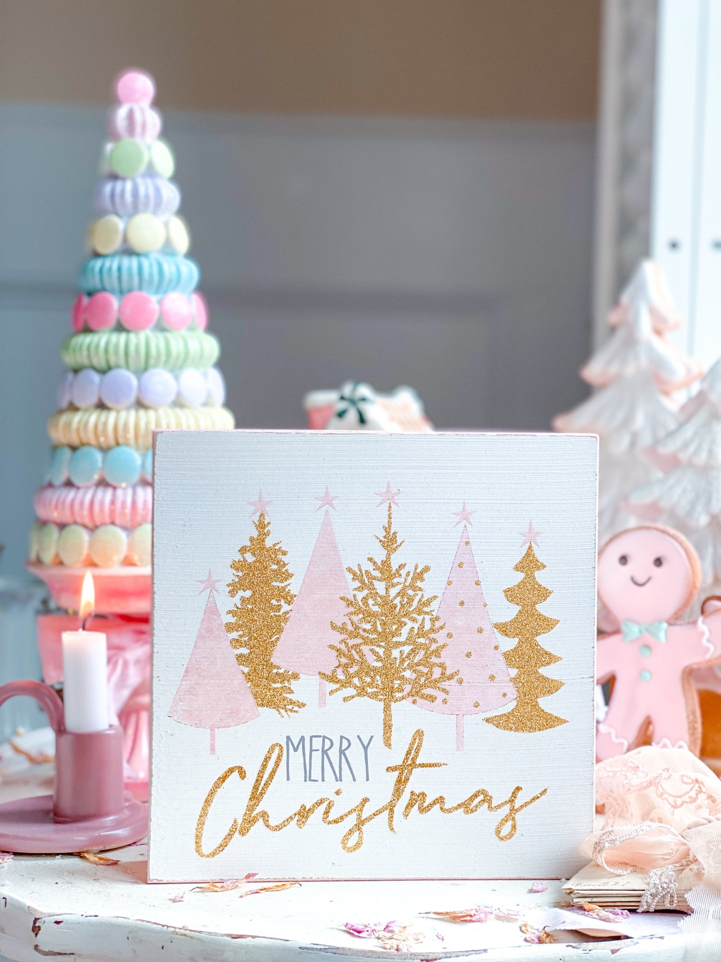 Pink and Gold Merry Christmas sign with trees