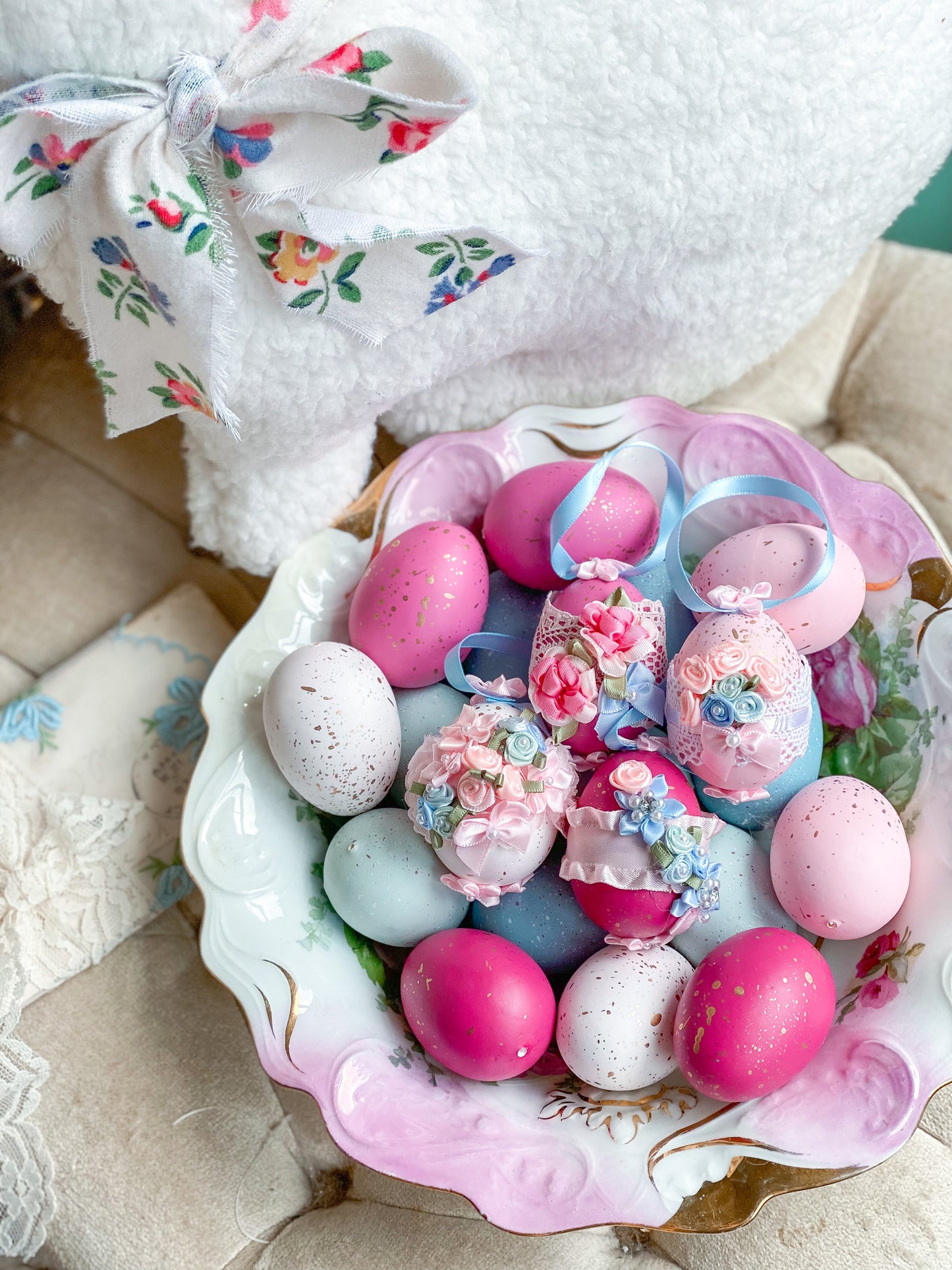 Set of 4 Bespoke Handmade Shabby Chic Pastel Pink and Blue Egg Ornaments