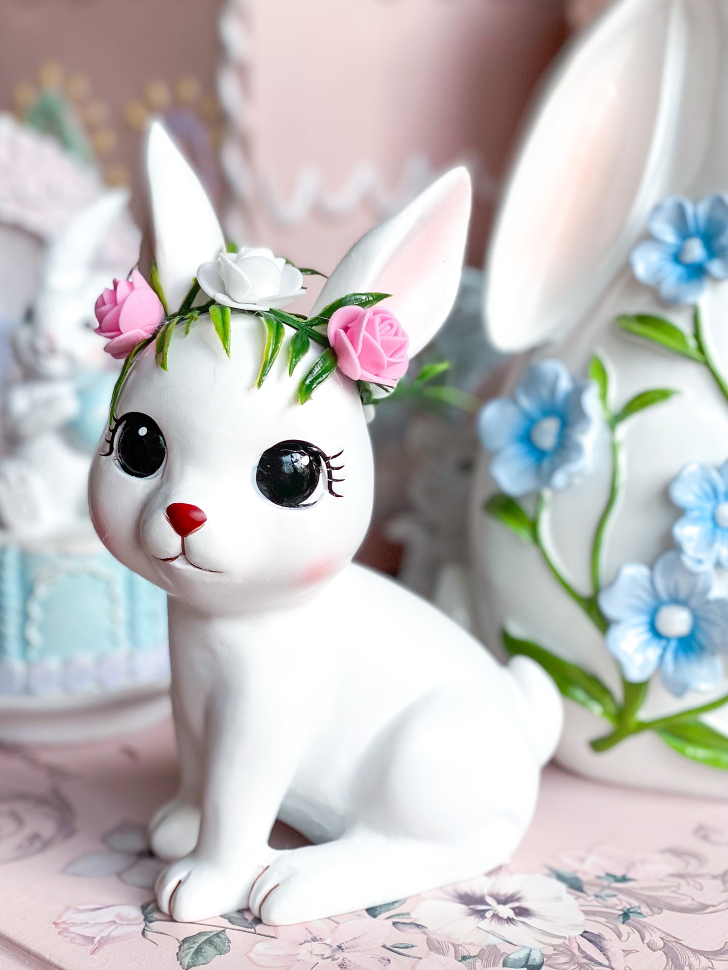 Doe eyed Bunny with Floral Headband Figurine