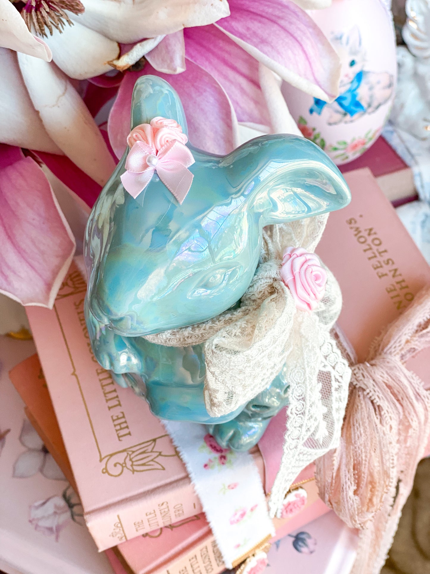 Bespoke Pastel Blue Grandmillennial Potpourri Bunny with vintage lace bow and pink ribbon flowers