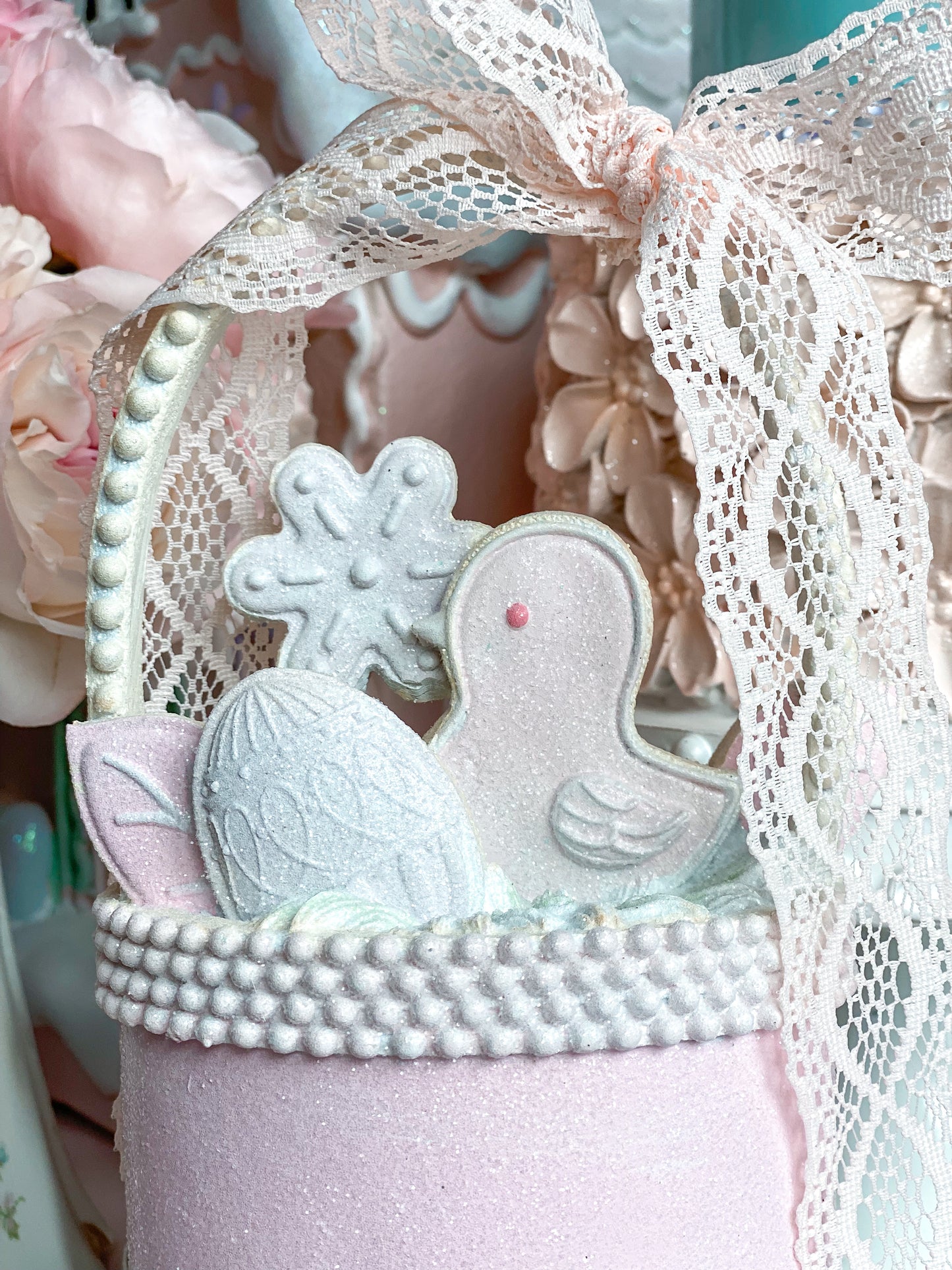 Pastel Pink Glitter Gingerbread Easter Basket with Lace Bow