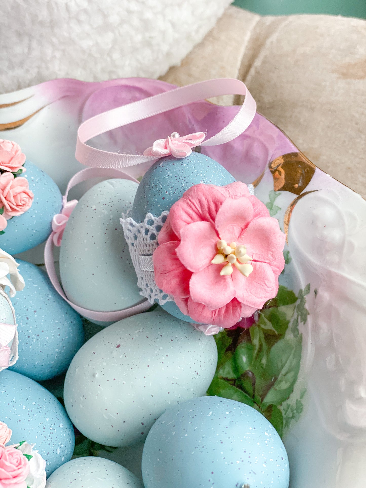 Set of 4 Bespoke Blue and Pink Egg Ornaments