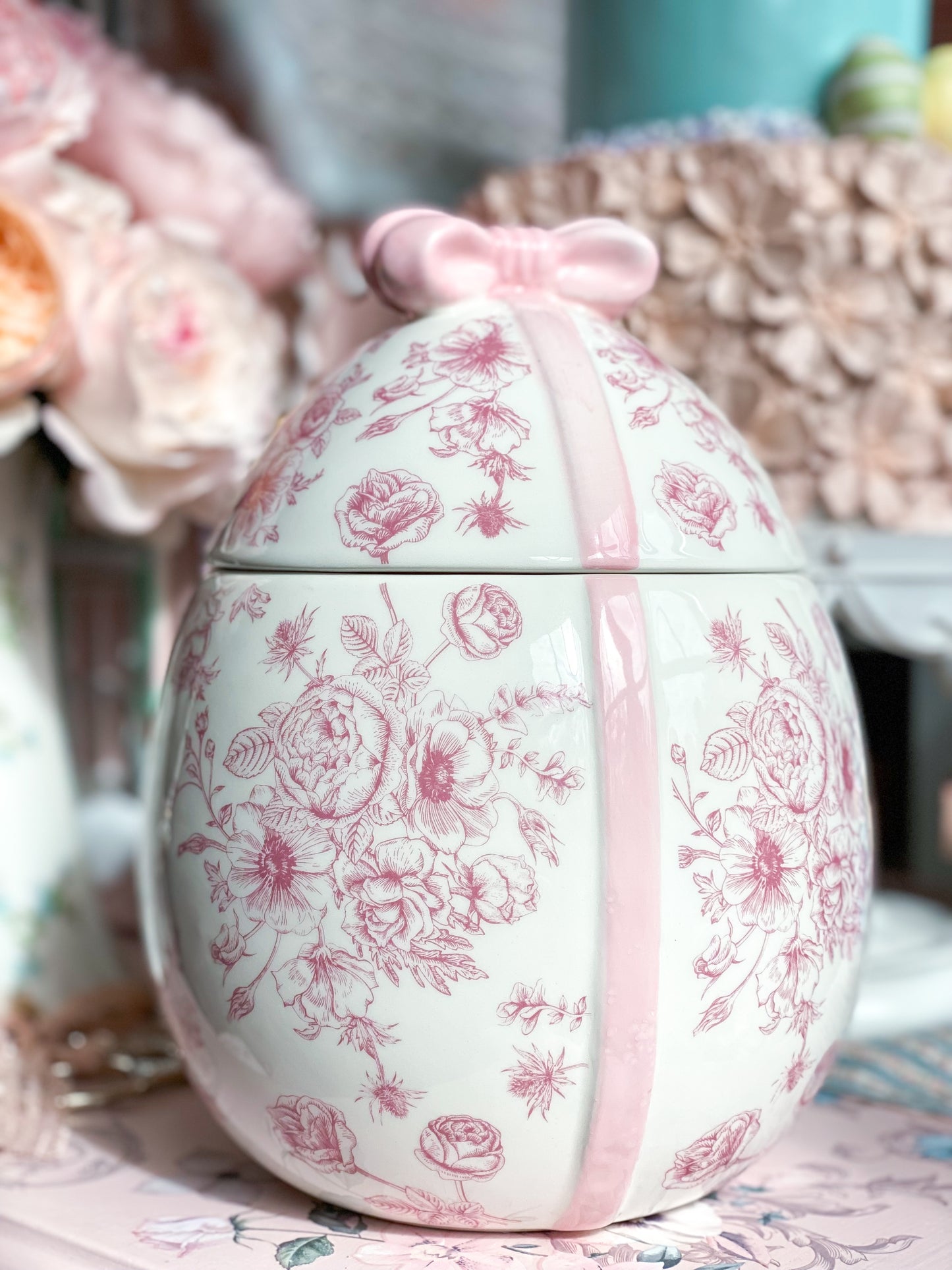 Pink Floral Toile Egg Cookie Jar