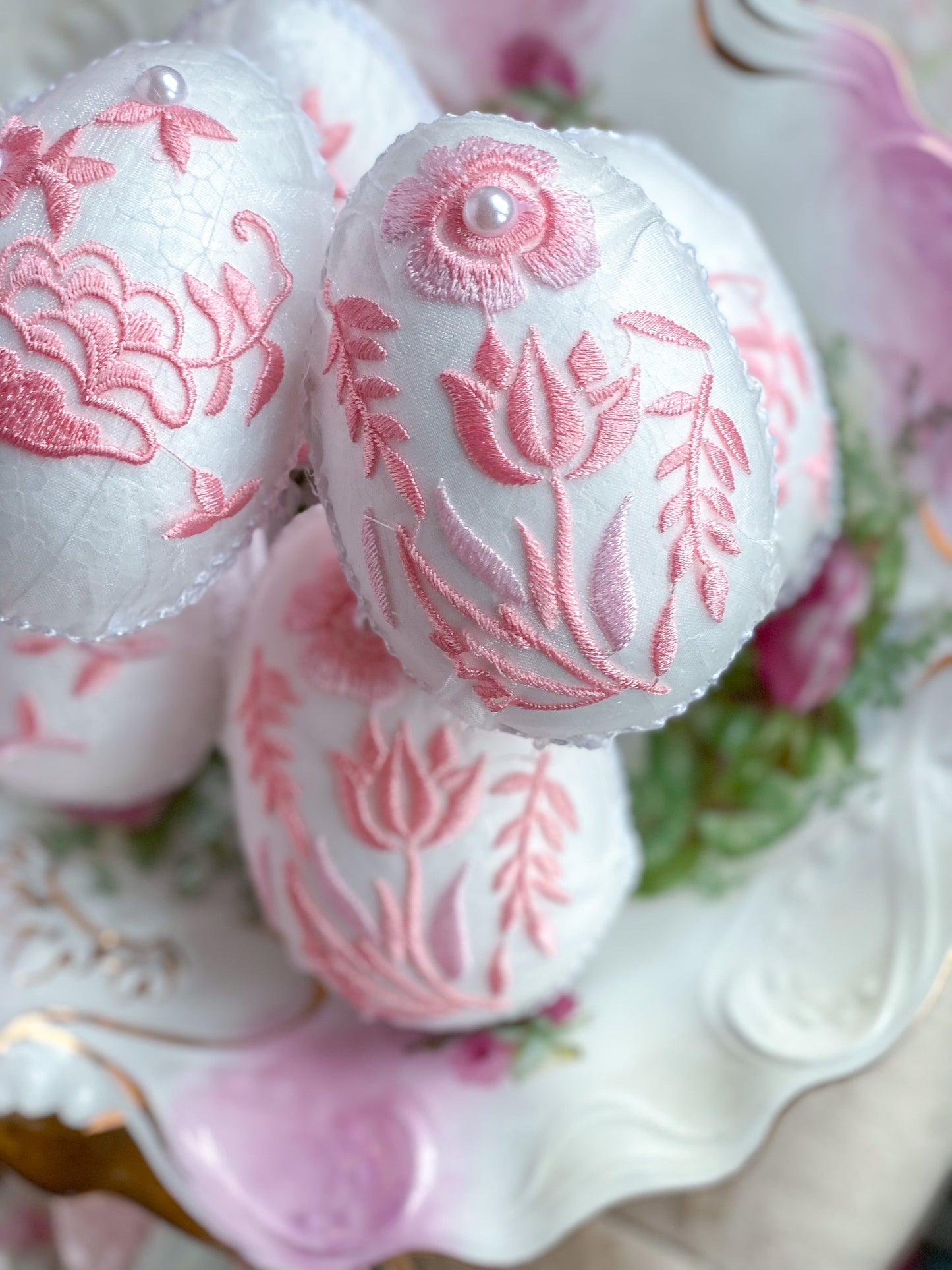 Set of 6 Shabby Chic Pink Embroidered Fabric Egg Bowl Sitters