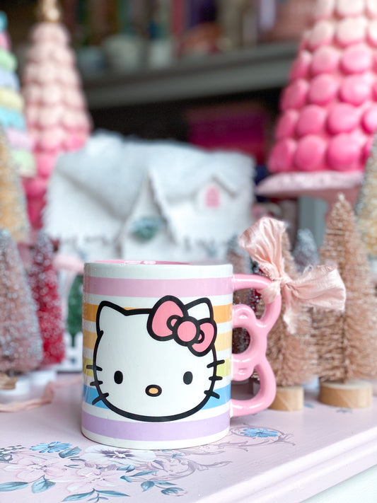 Pastel rainbow striped Hello Kitty mug with Bow handle