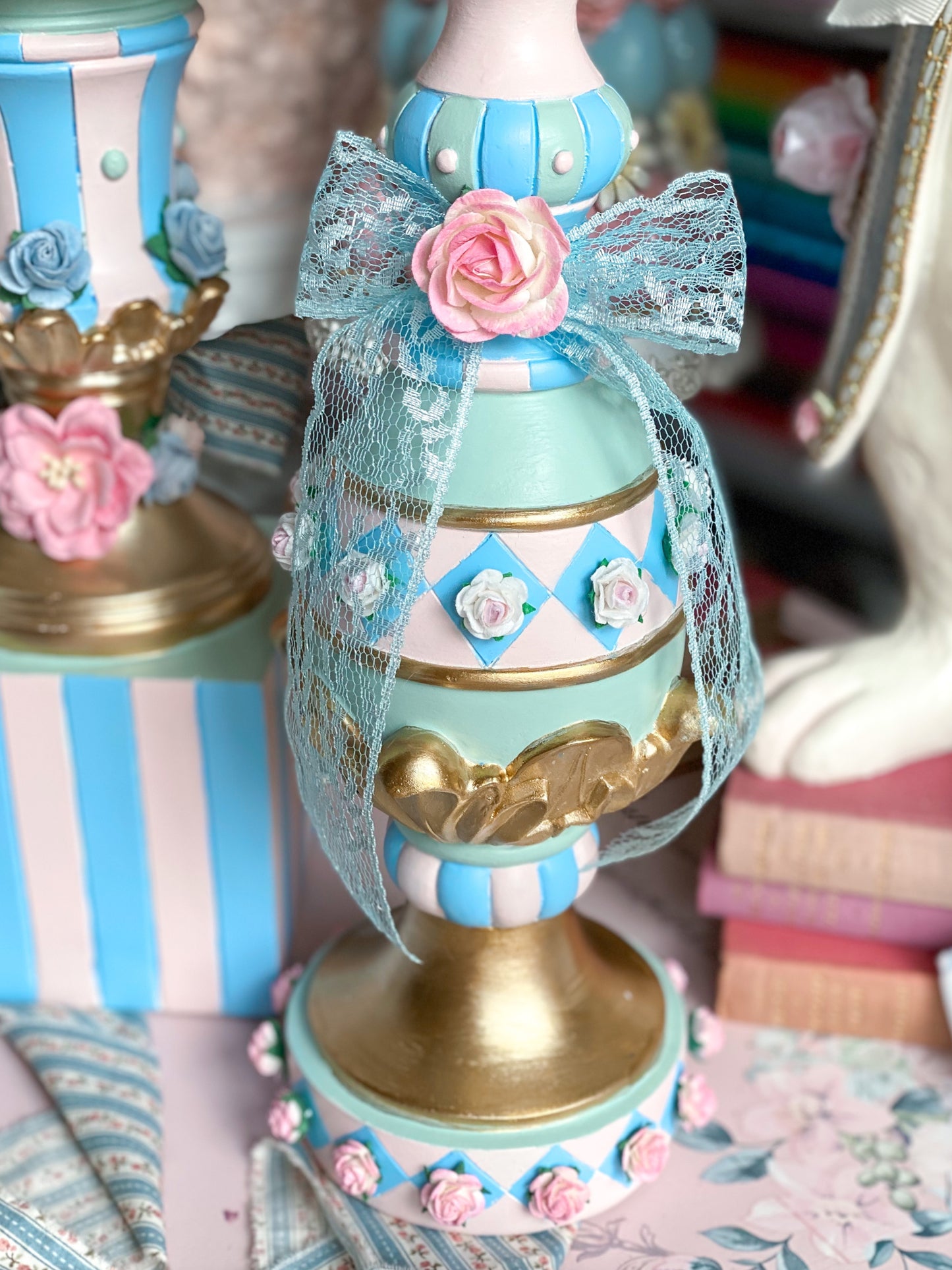 Bespoke Pastel Pink, Blue Mint Green Bird Finial a la Alice in Wonderland
