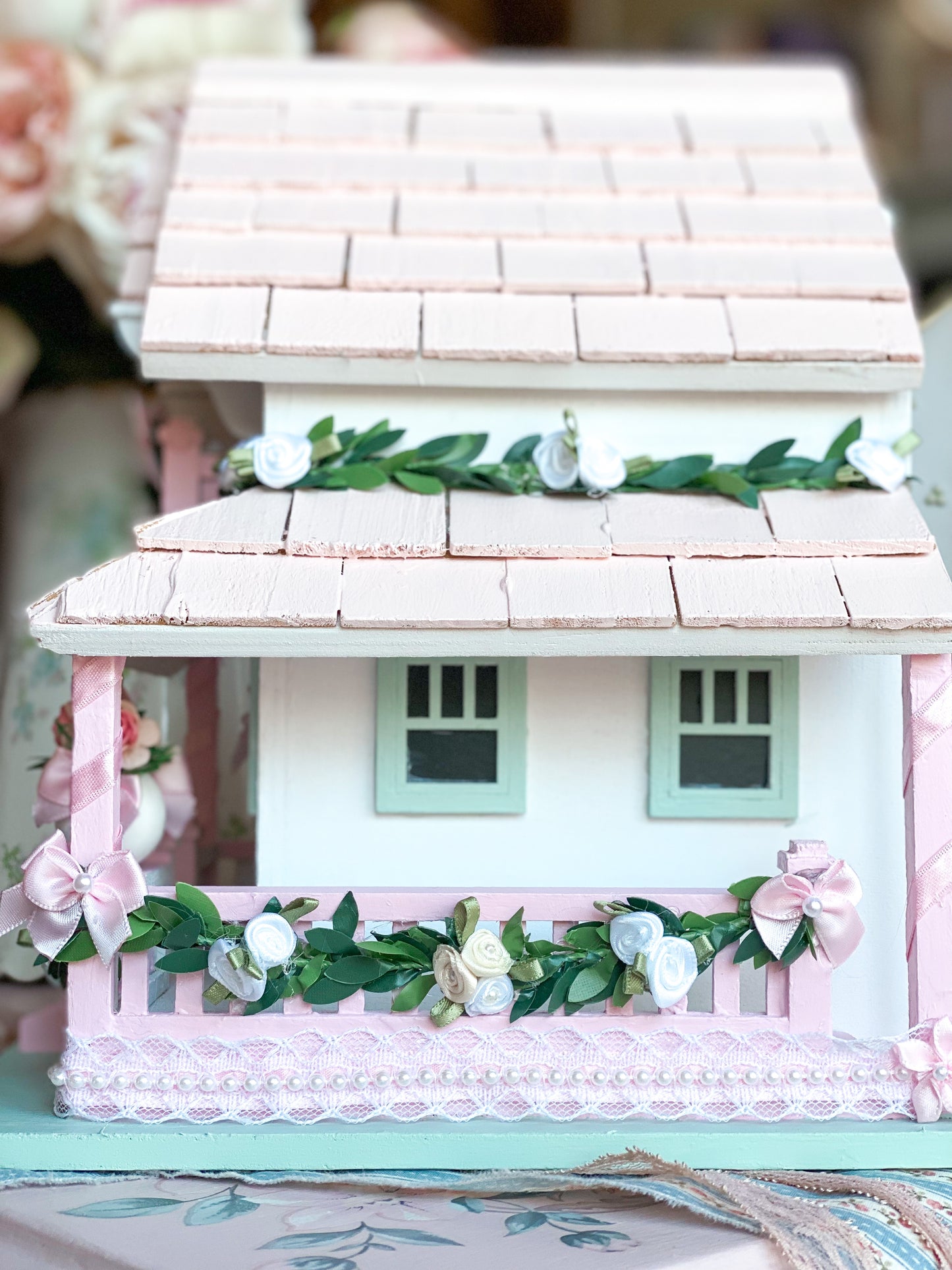 Bespoke Two Story Pastel Pink and Mint Green Shabby Chic Floral English Cottage