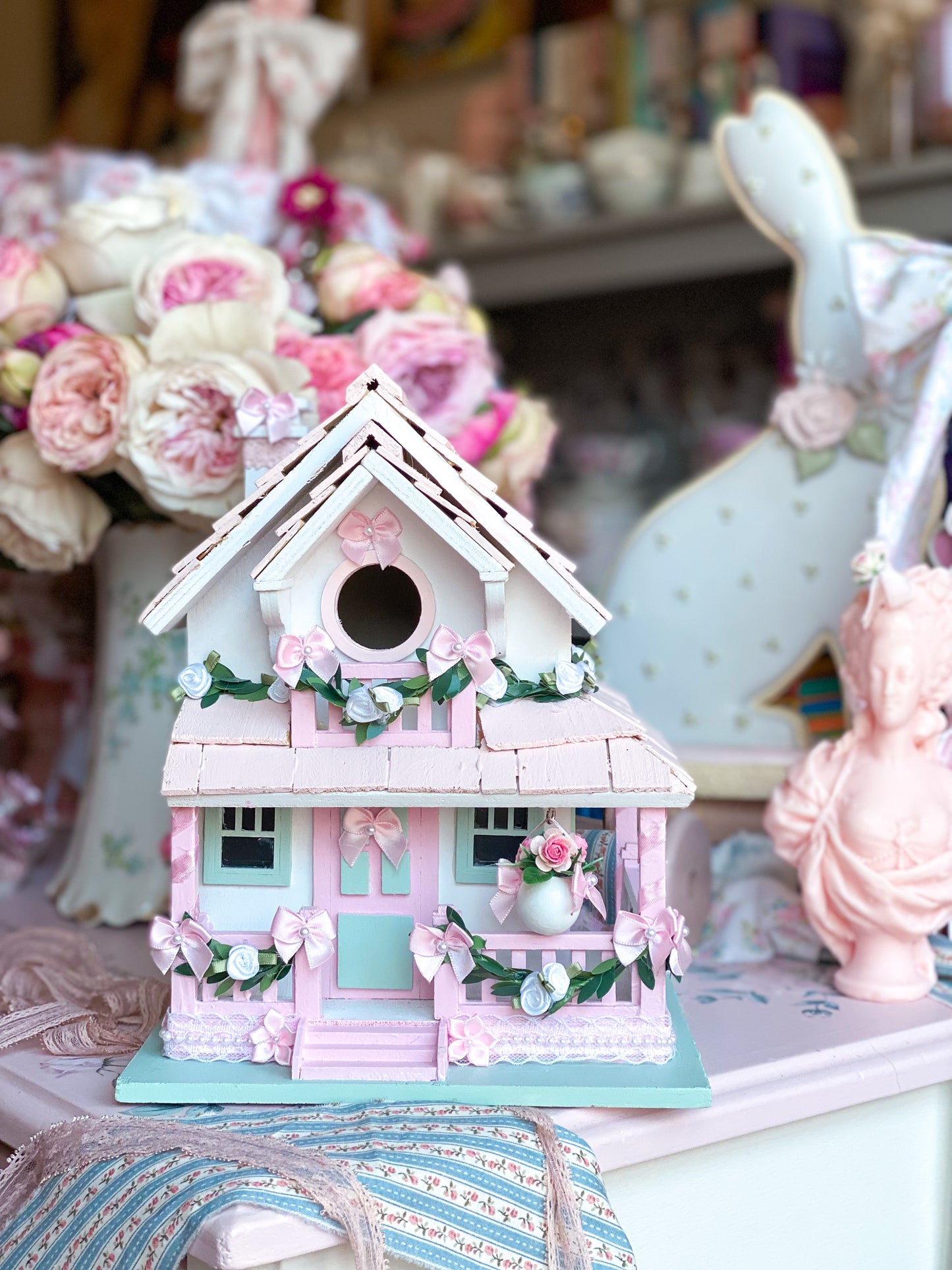 Bespoke Two Story Pastel Pink and Mint Green Shabby Chic Floral English Cottage