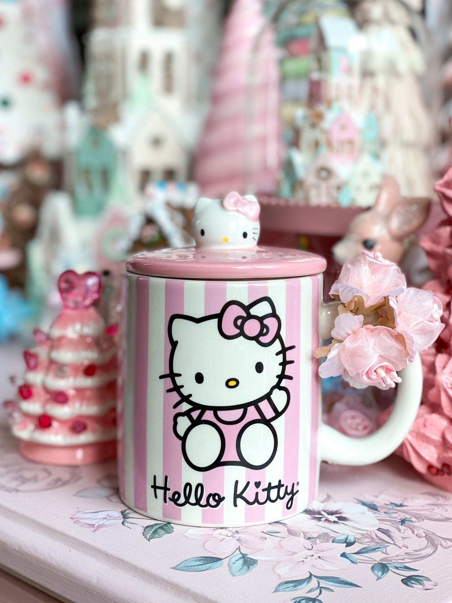 Pink Stripe Hello Kitty Mug with Topper