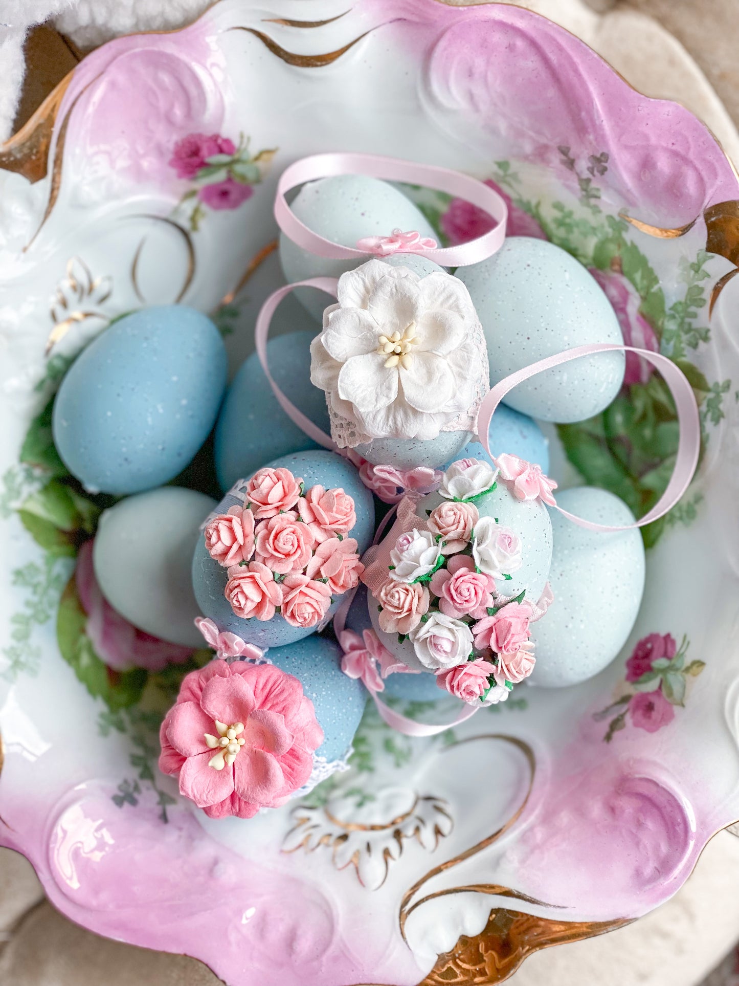 Set of 4 Bespoke Handmade Shabby Chic Pastel Blue and Pink Egg Ornaments