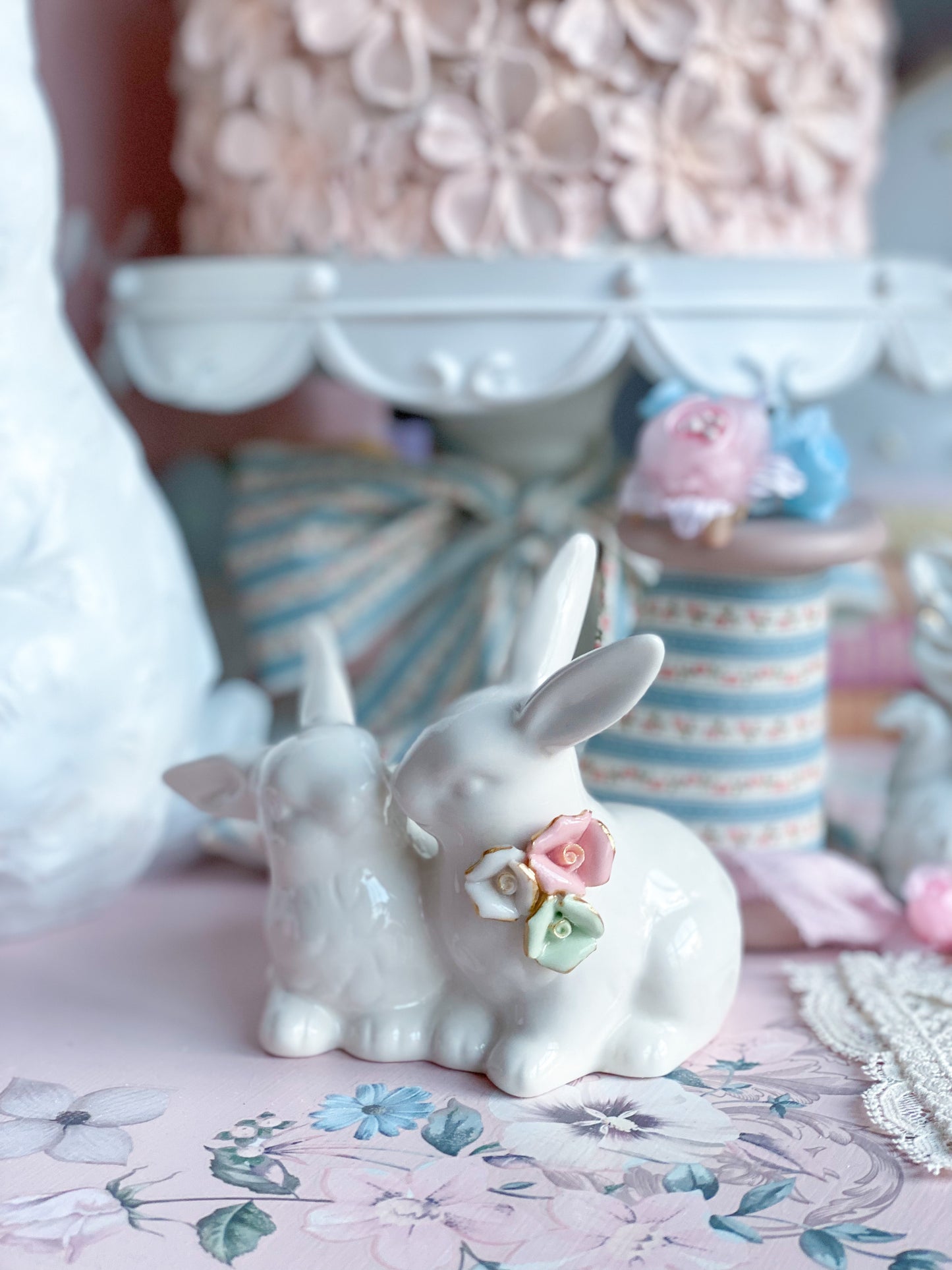 Grandmillennial Bunnies with Pastel Ceramic Flowers