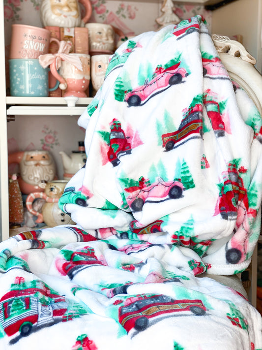 Pink Convertible and Christmas Tree Throw Blanket