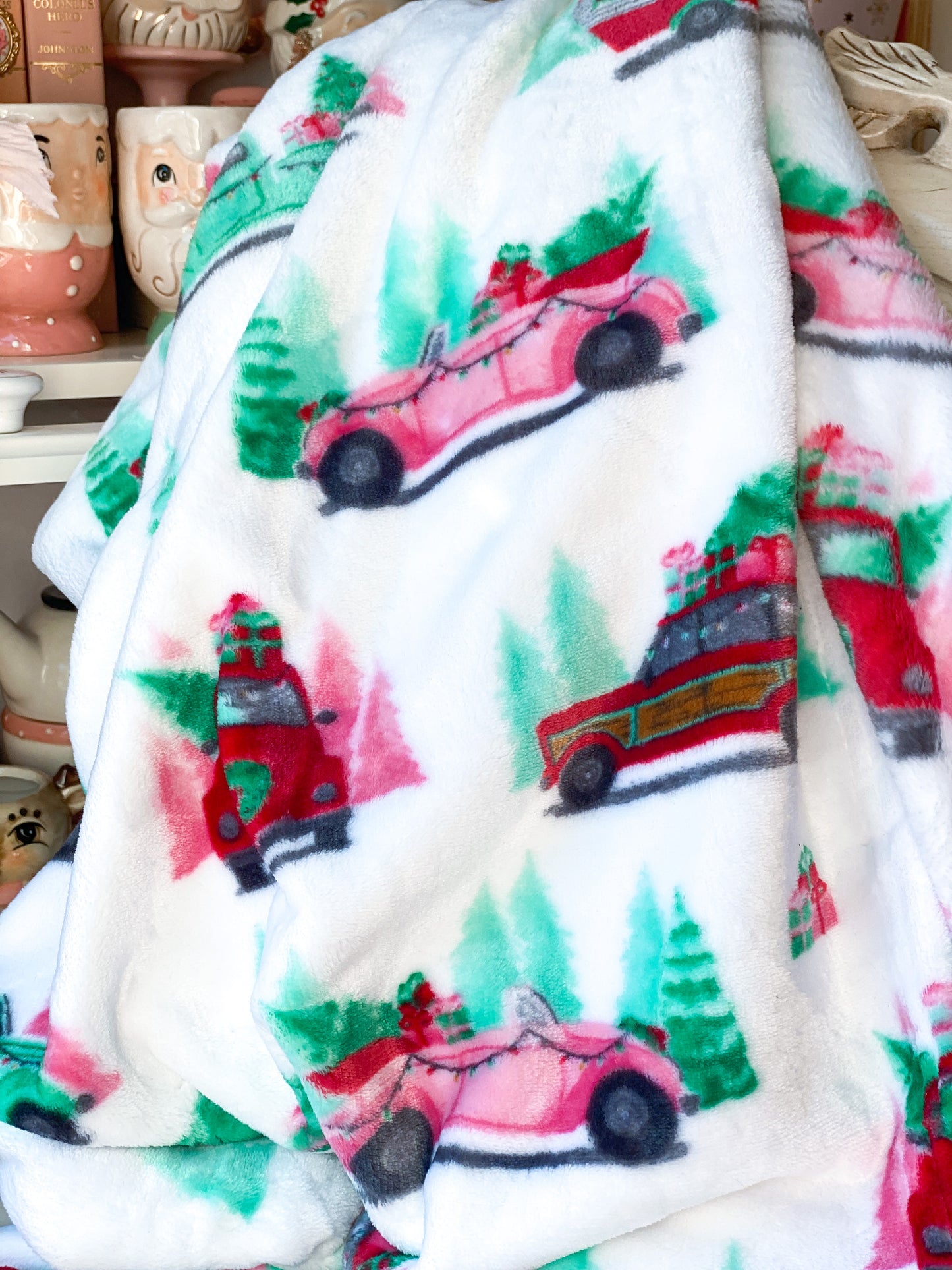 Pink Convertible and Christmas Tree Throw Blanket