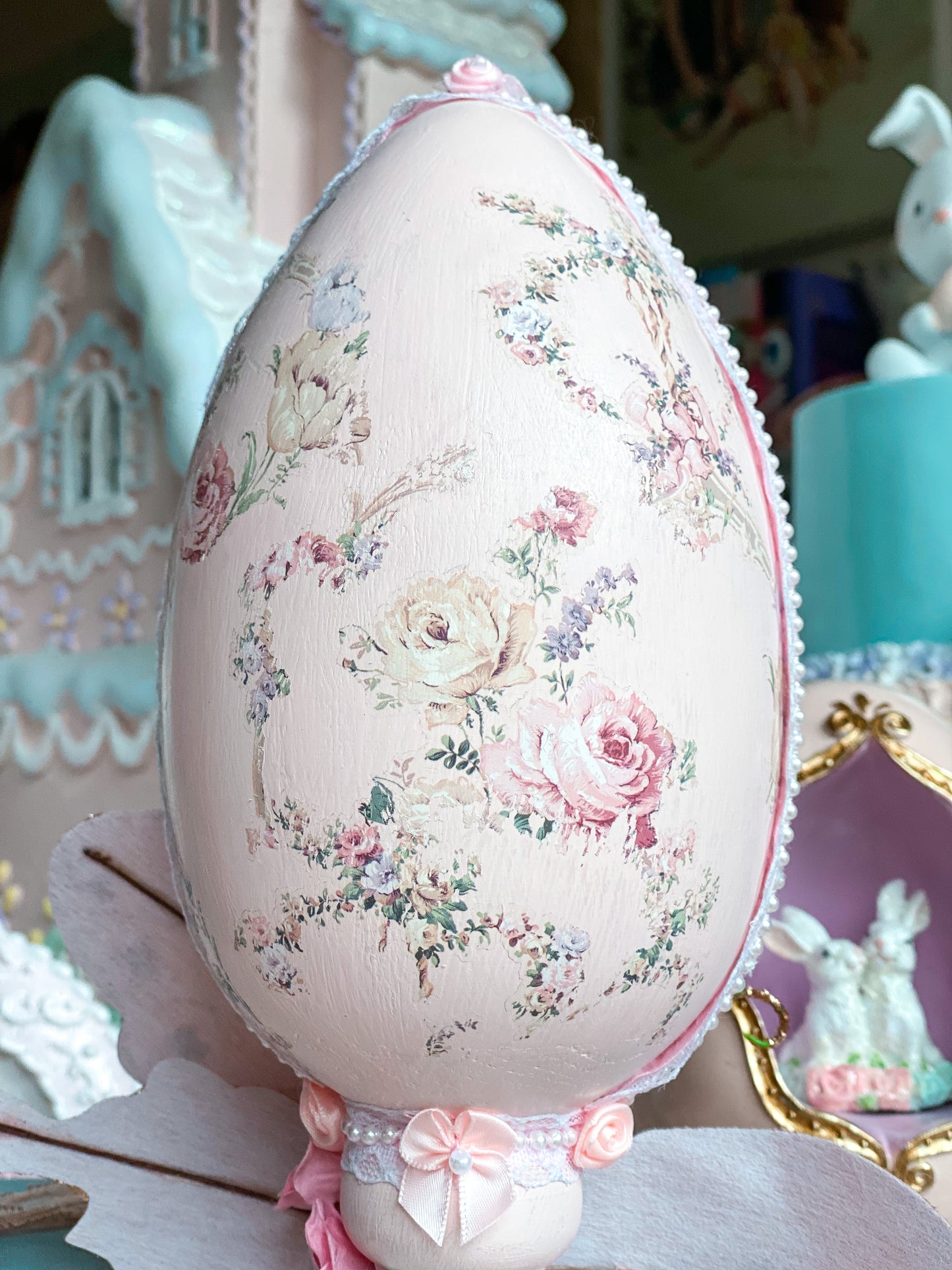 Bespoke Pink Shabby Chic Egg Finial with Pink Butterfly