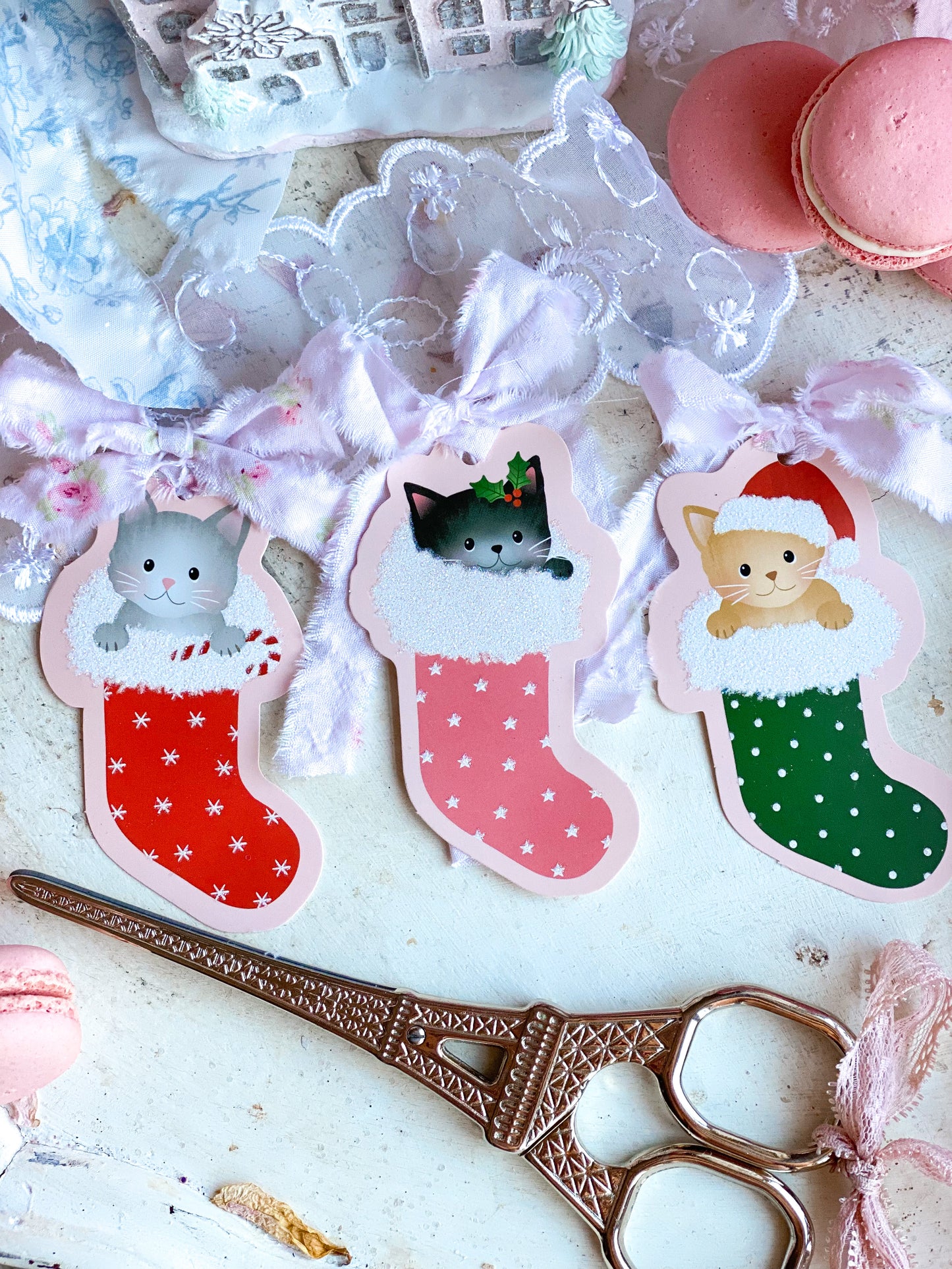Bespoke Kitty Cat Gift Tags with Shabby Chic ties
