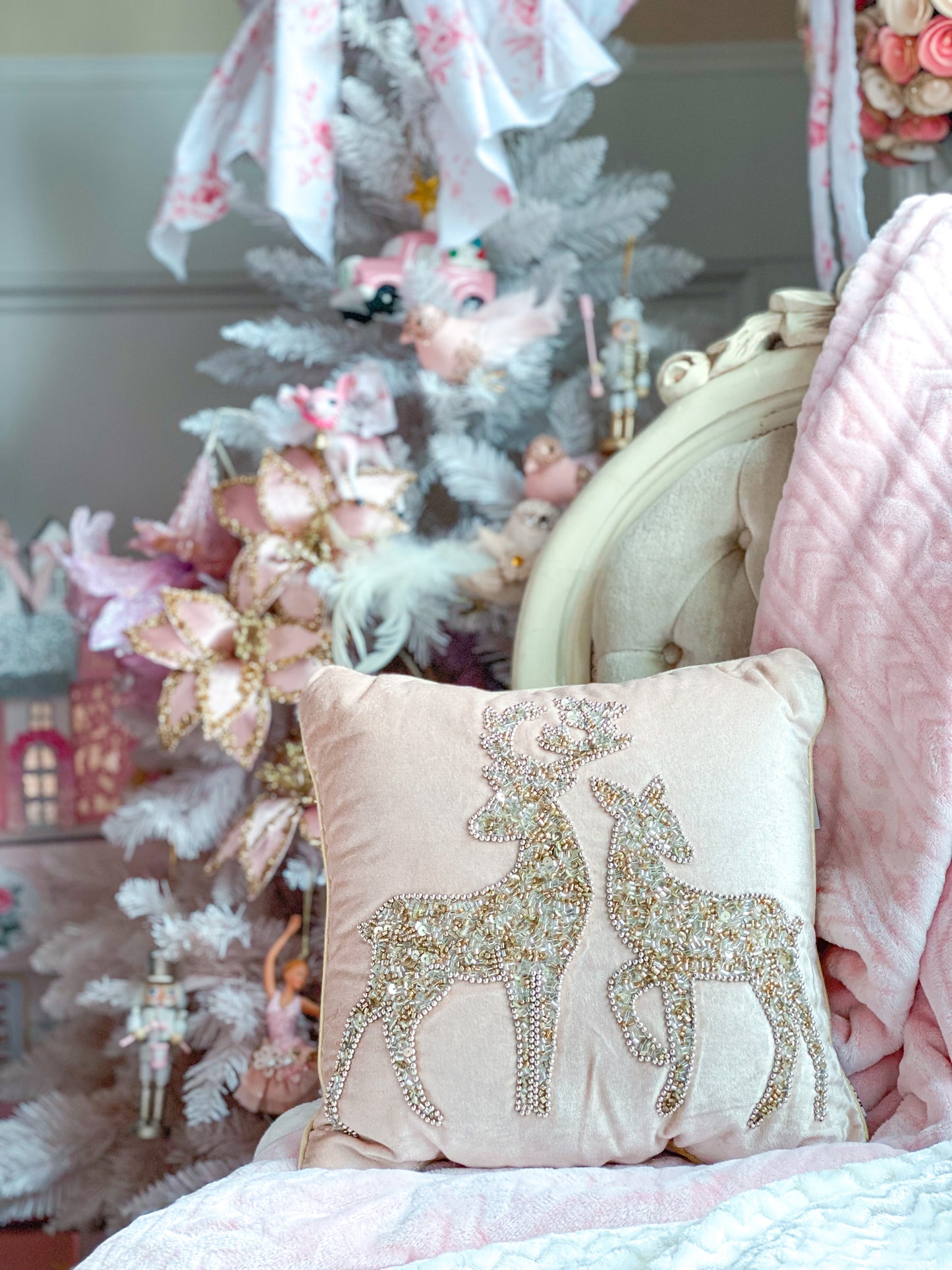 Blush Decorative Pillow with Beaded Deer