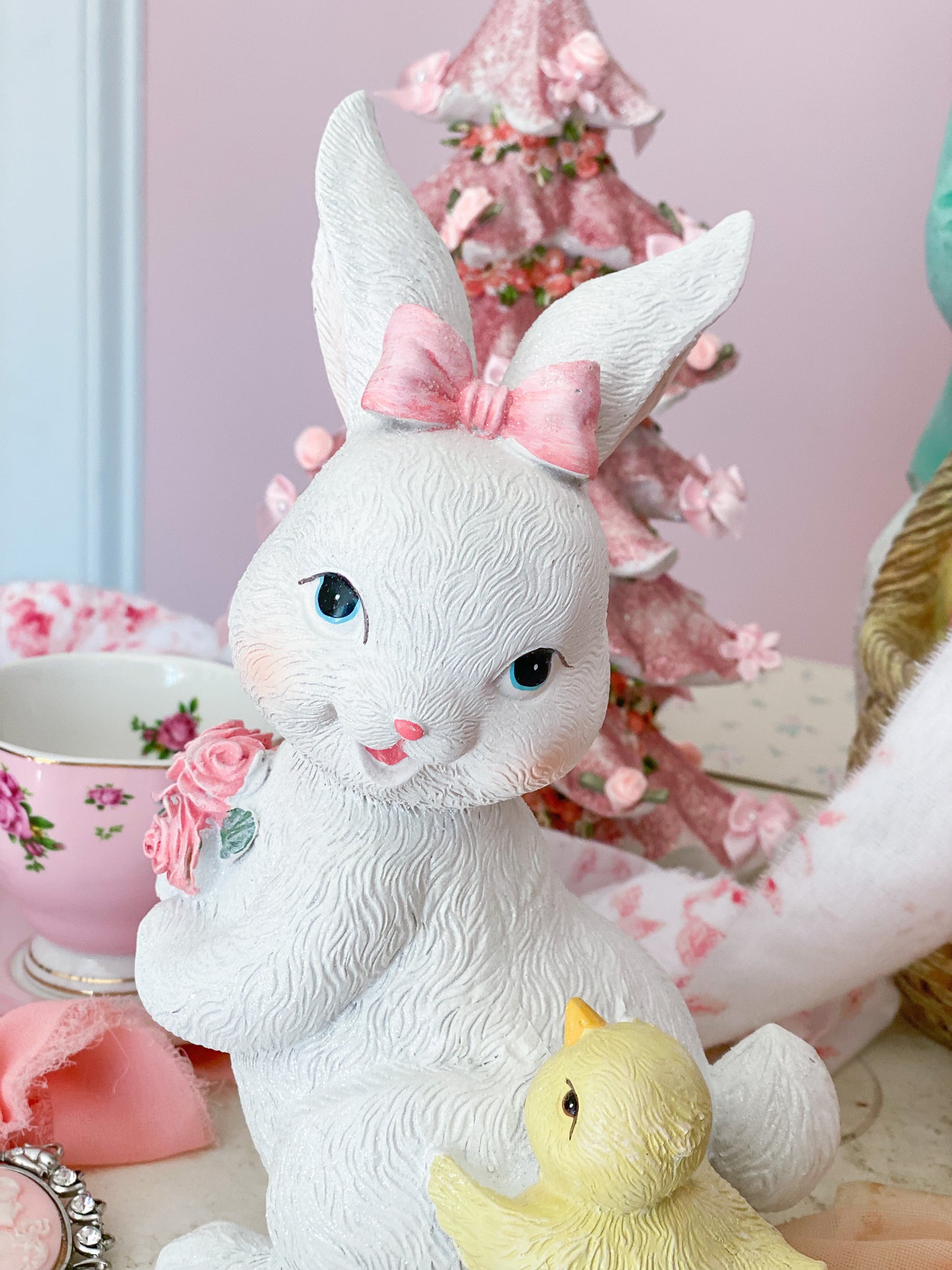 Easter Bunny and chick with pastel pink roses