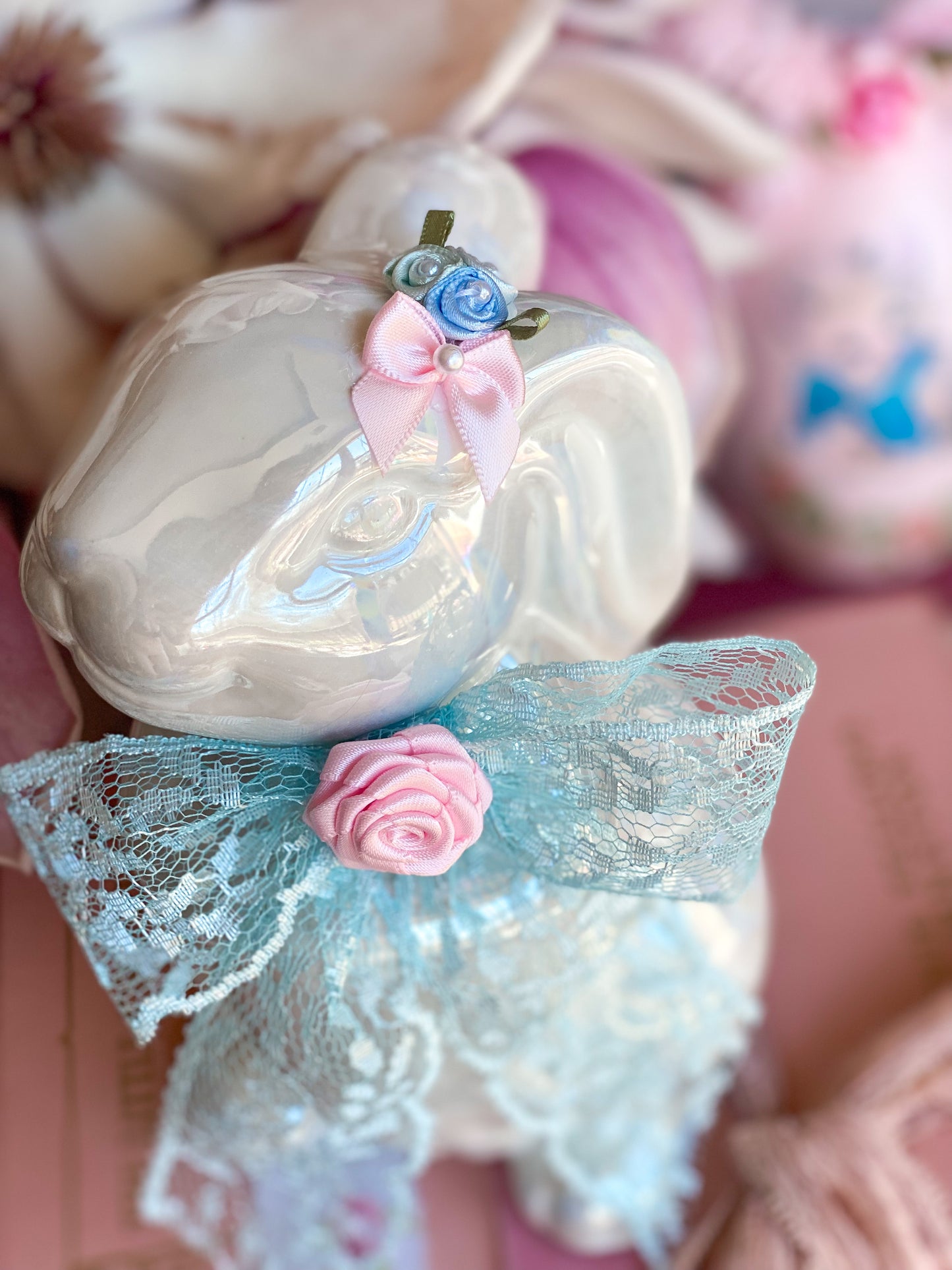 Bespoke White Grandmillennial Bunny With Pastel Blue Lace Bow & Pink Ribbon flowers