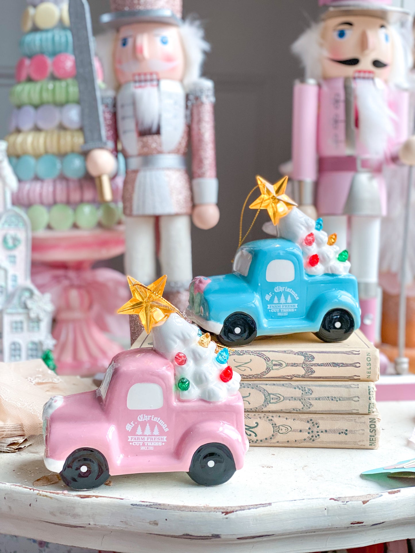 Pink and Blue Mr Christmas Truck Ornaments