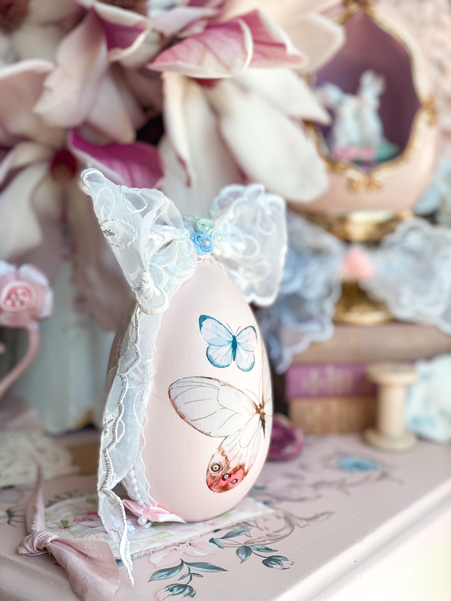 Bespoke Pastel Pink Easter Egg with Blue and White Butterflies and Vintage Chiffon Bow
