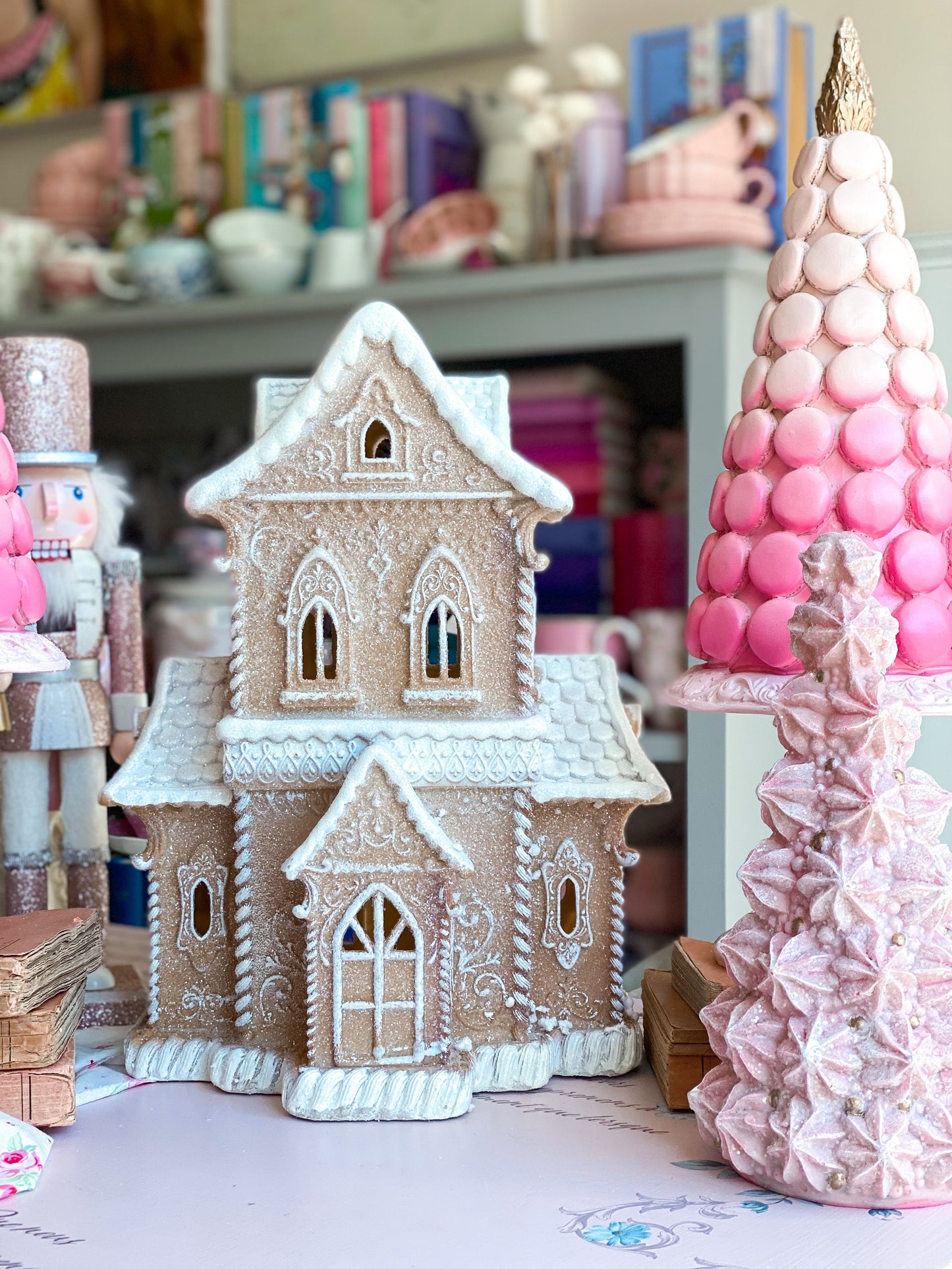 Neutral Gingerbread Mansion with ornate icing design