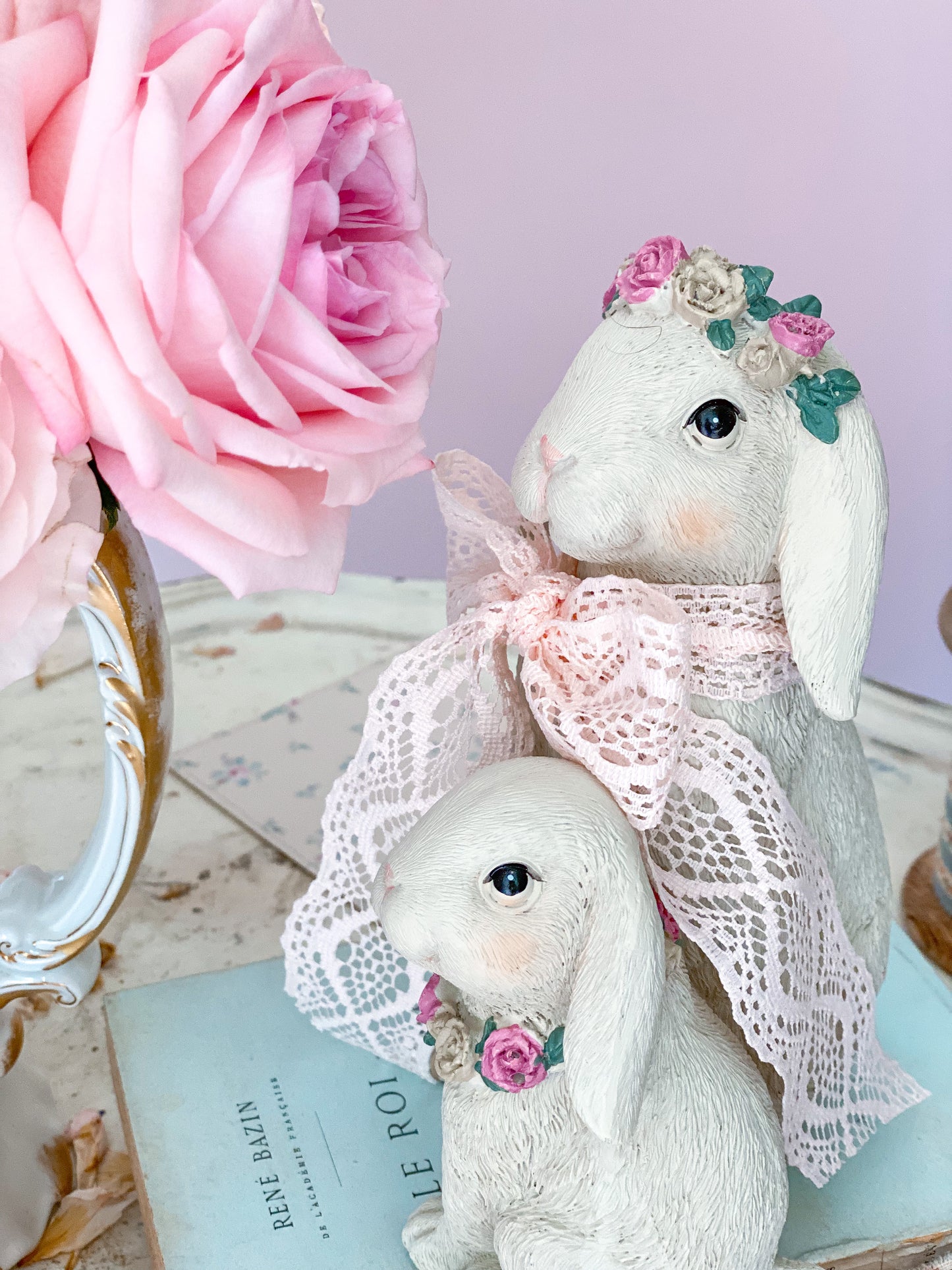 Mama & Baby Easter Bunny with Pastel Pink Floral Headbands Figurine