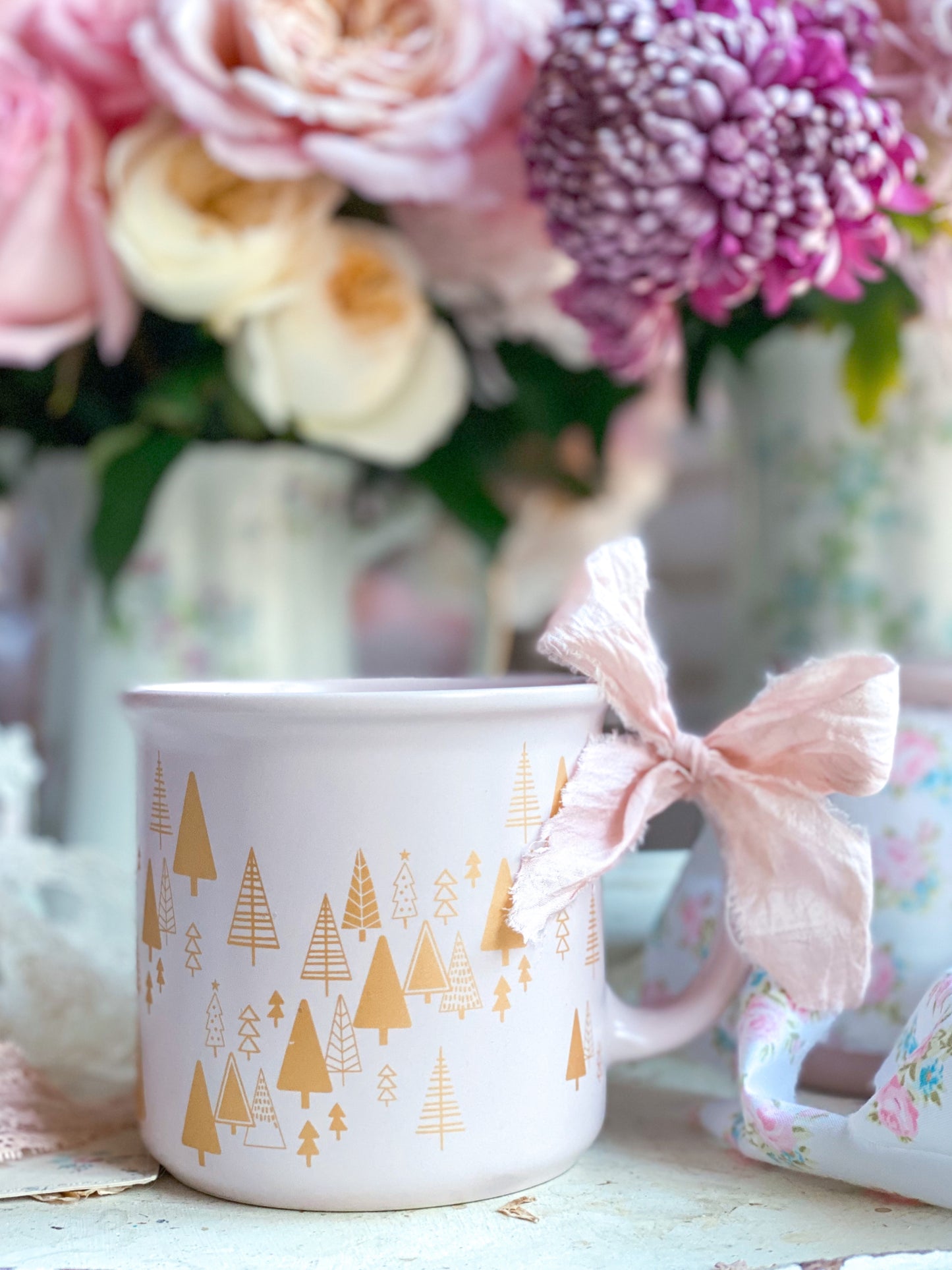 Pink mug with Gold Christmas Trees