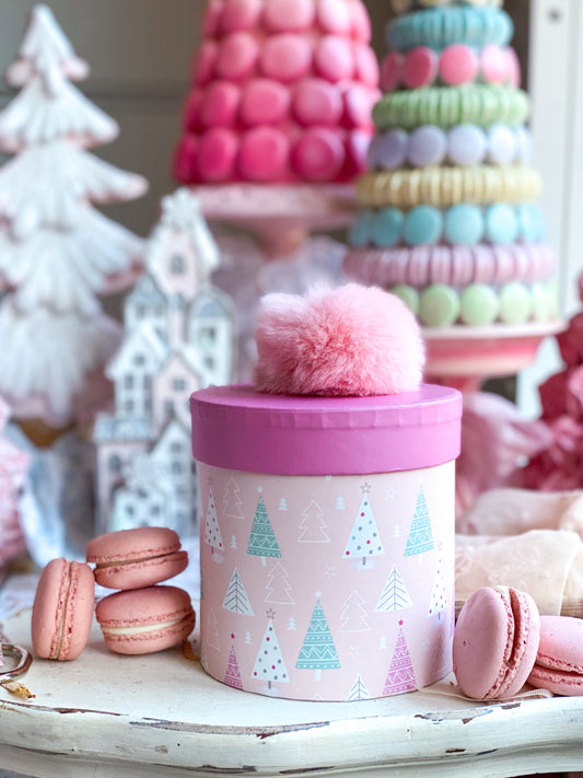Small pink Christmas tree round box with pouf