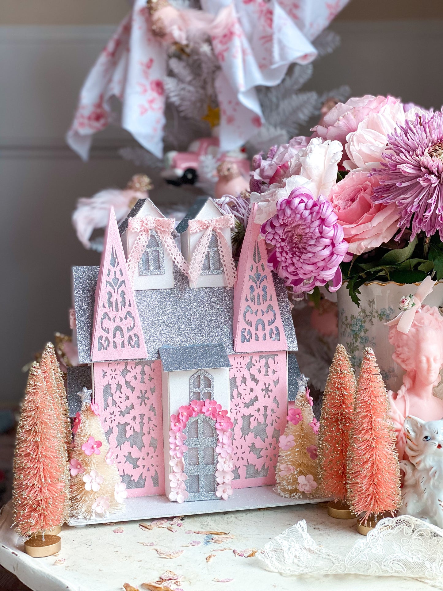 Bespoke Pastel Shabby Chic Pink and Silver Glitter Mansion Putz House with Floral Details