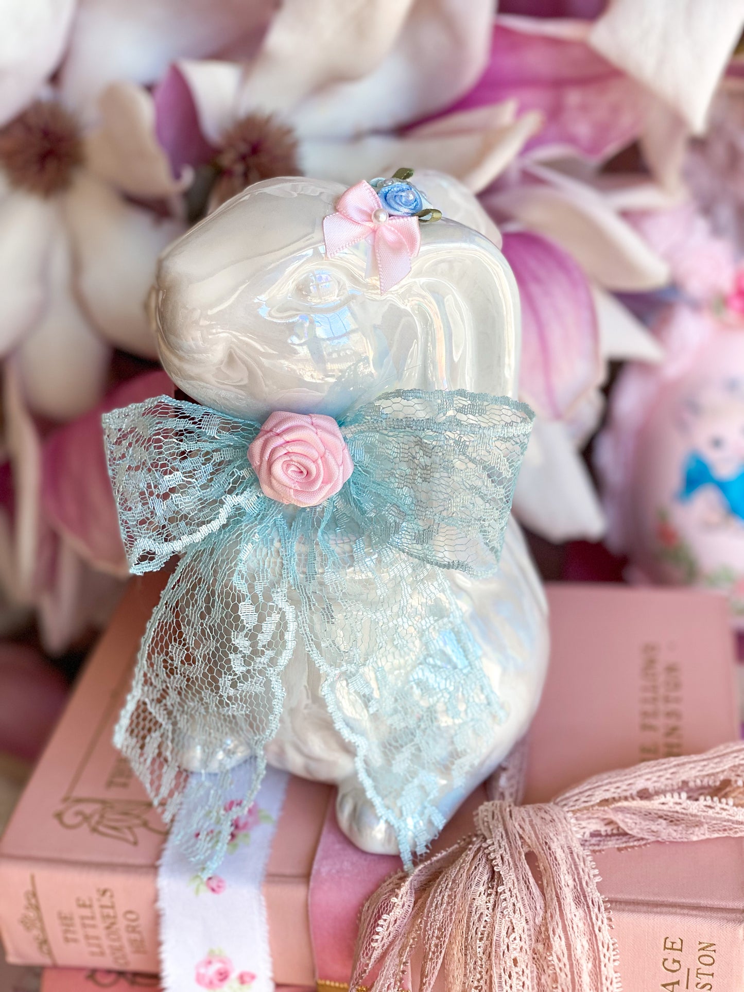 Bespoke White Grandmillennial Bunny With Blue Bow