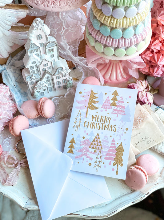 Pink and Gold Christmas tree Christmas cards