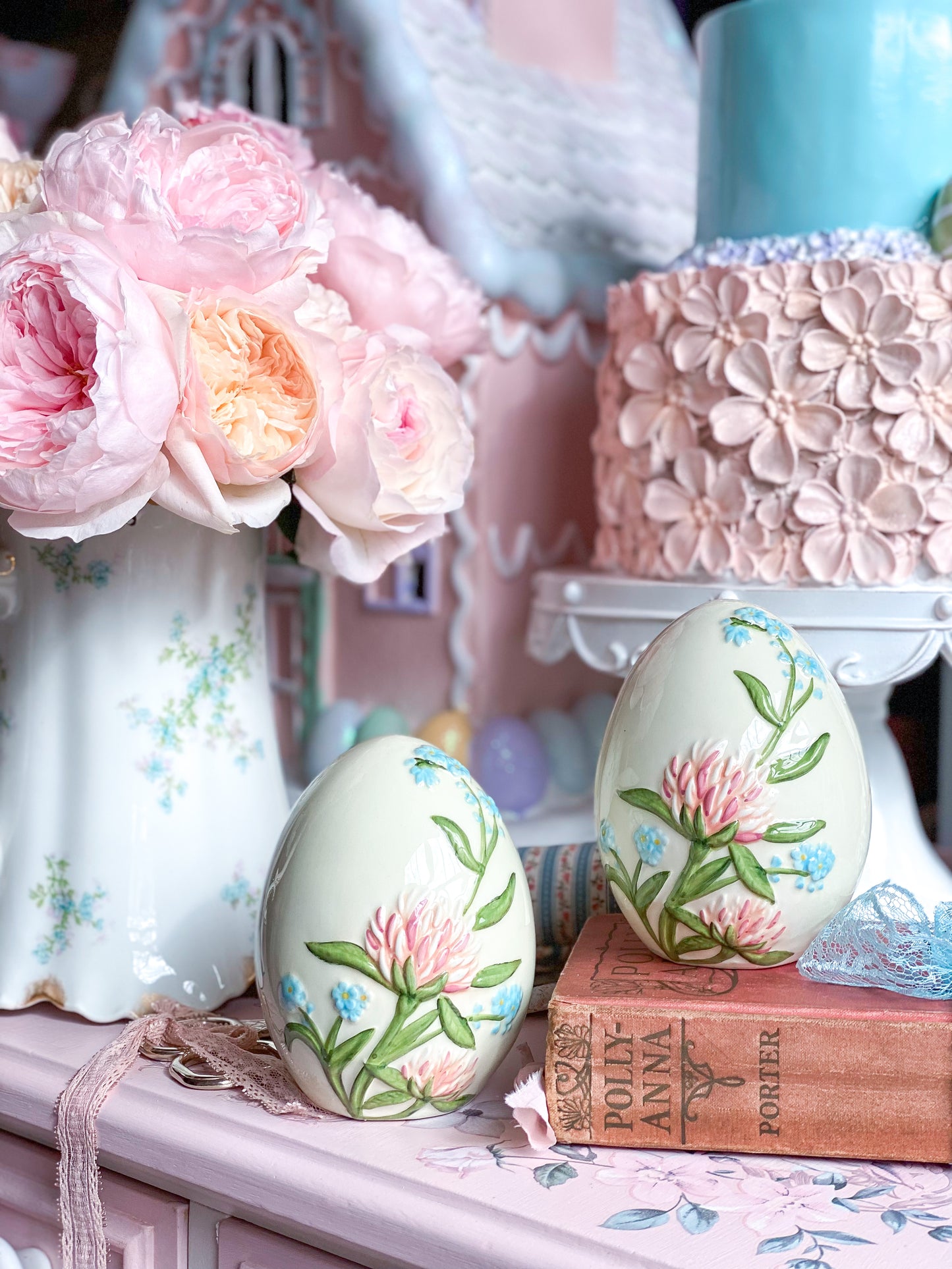 Floral Easter Egg Figurine with pastel pink and blue flowers