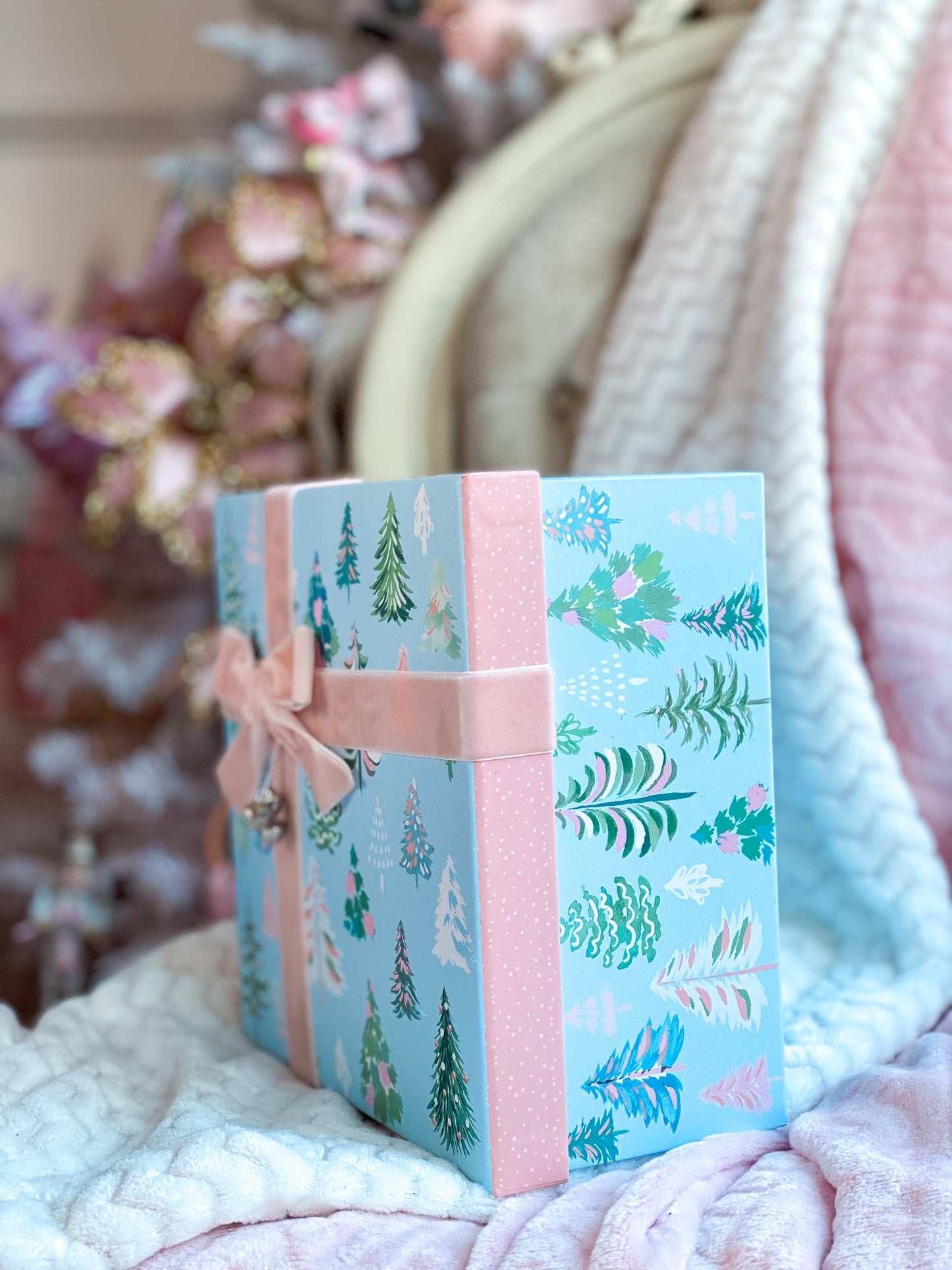Medium Blue and Blush Christmas Tree Gift Box