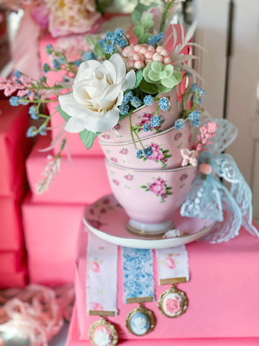Bespoke Pastel Pink Royal Albert Style Teacup Stack with Shabby Chic Floral Arrangement