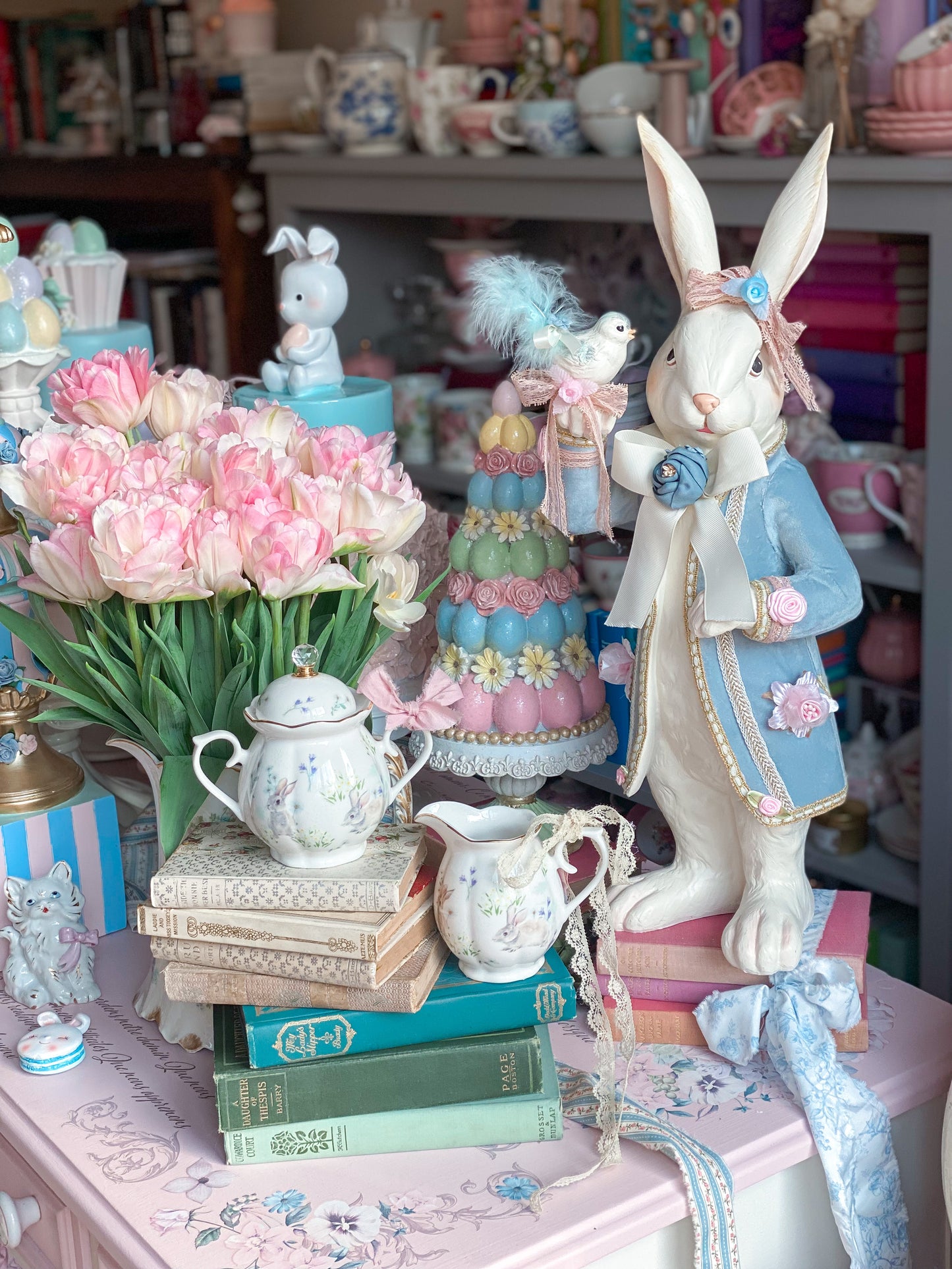 Sugar and Creamer set with watercolor bunny scene