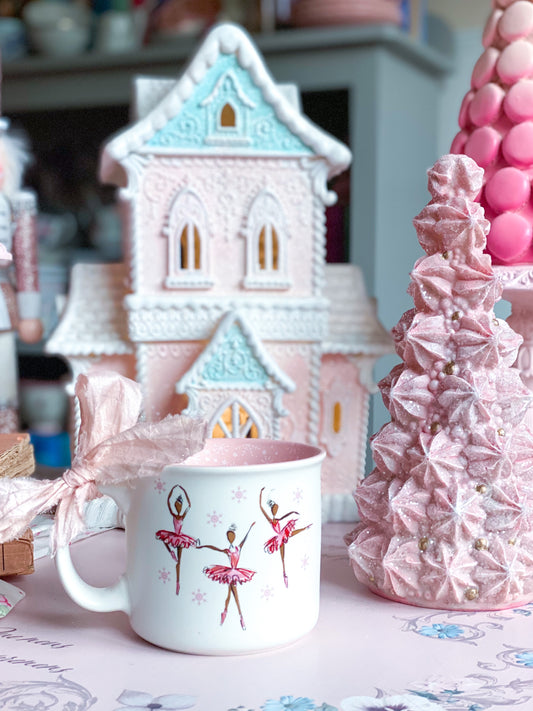 Taza Bailarina Rosa Pastel con Copos de Nieve